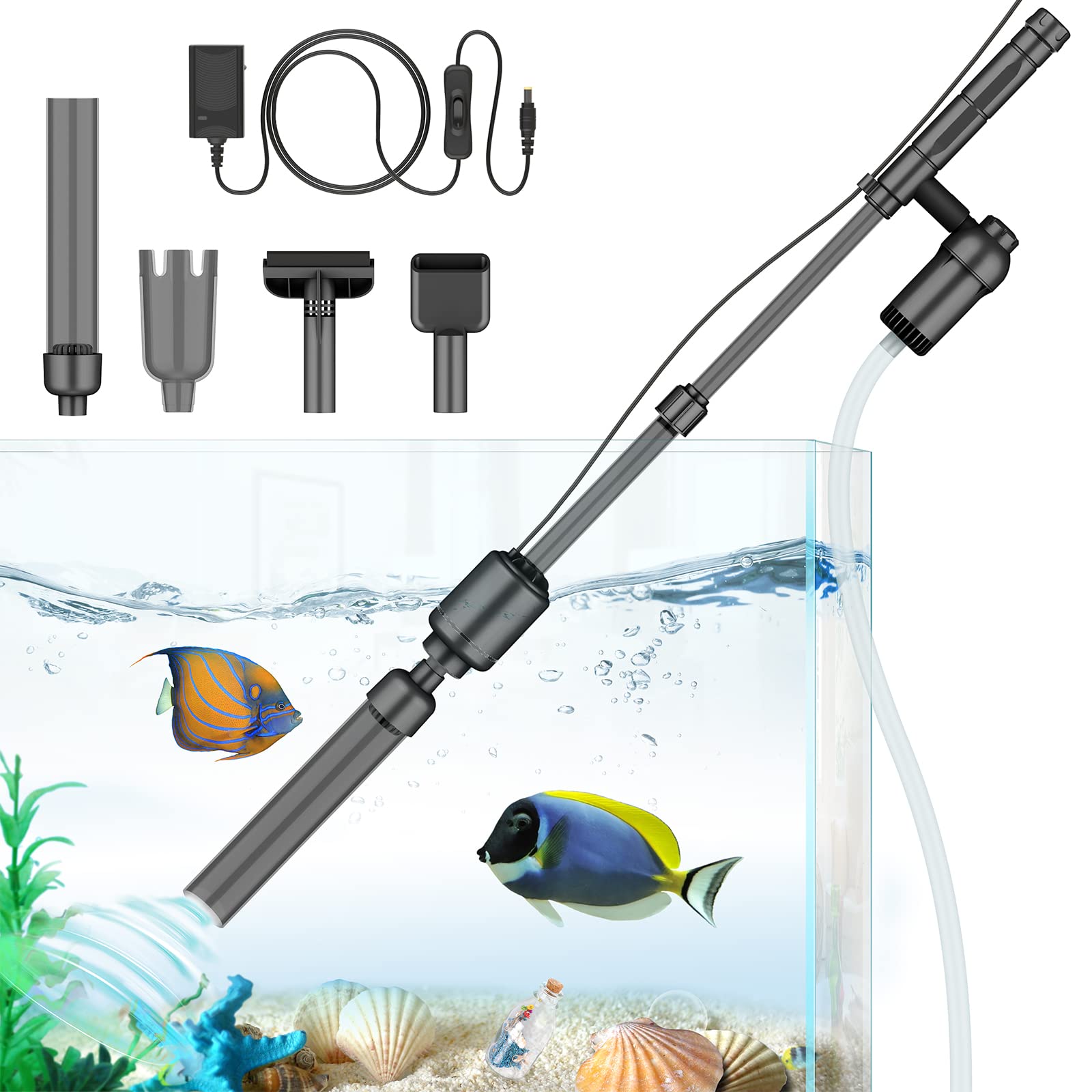 bedee Electric Aquarium Gravel Cleaner, Fish Tank Cleaner, 6 in 1 Automatic Aquarium  Cleaner Vacuum Kit for Water Changing & Wash Sand with Adjustable Water  Flow, DC 12V/ Black