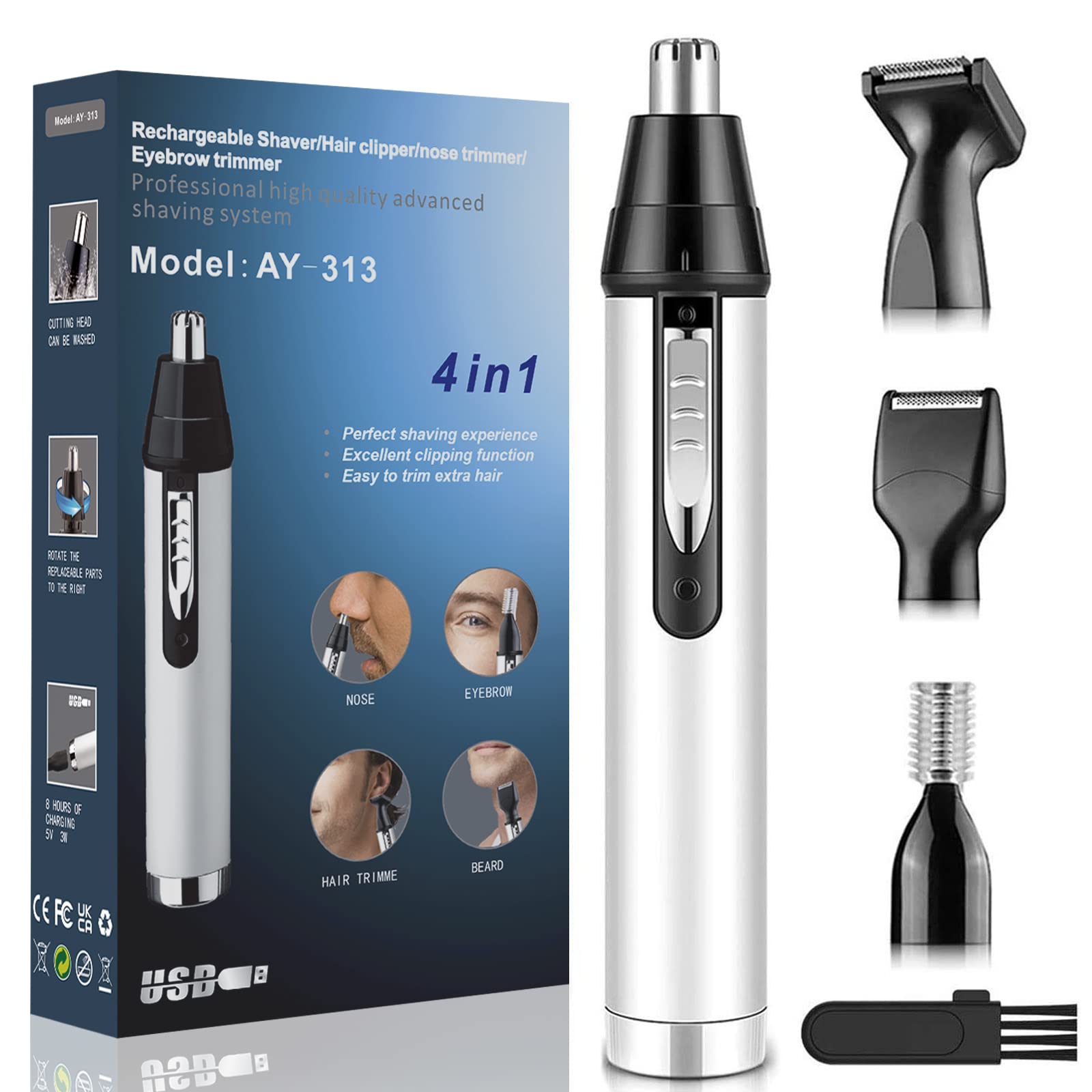 Ear and Nose Hair Trimmer for Men,Professional USB Rechargeable Nostril  Nasal Hair Vacuum Cleaning System,4 in 1 Lightweight Waterproof Hair and  Beard Clippers for Women (White)