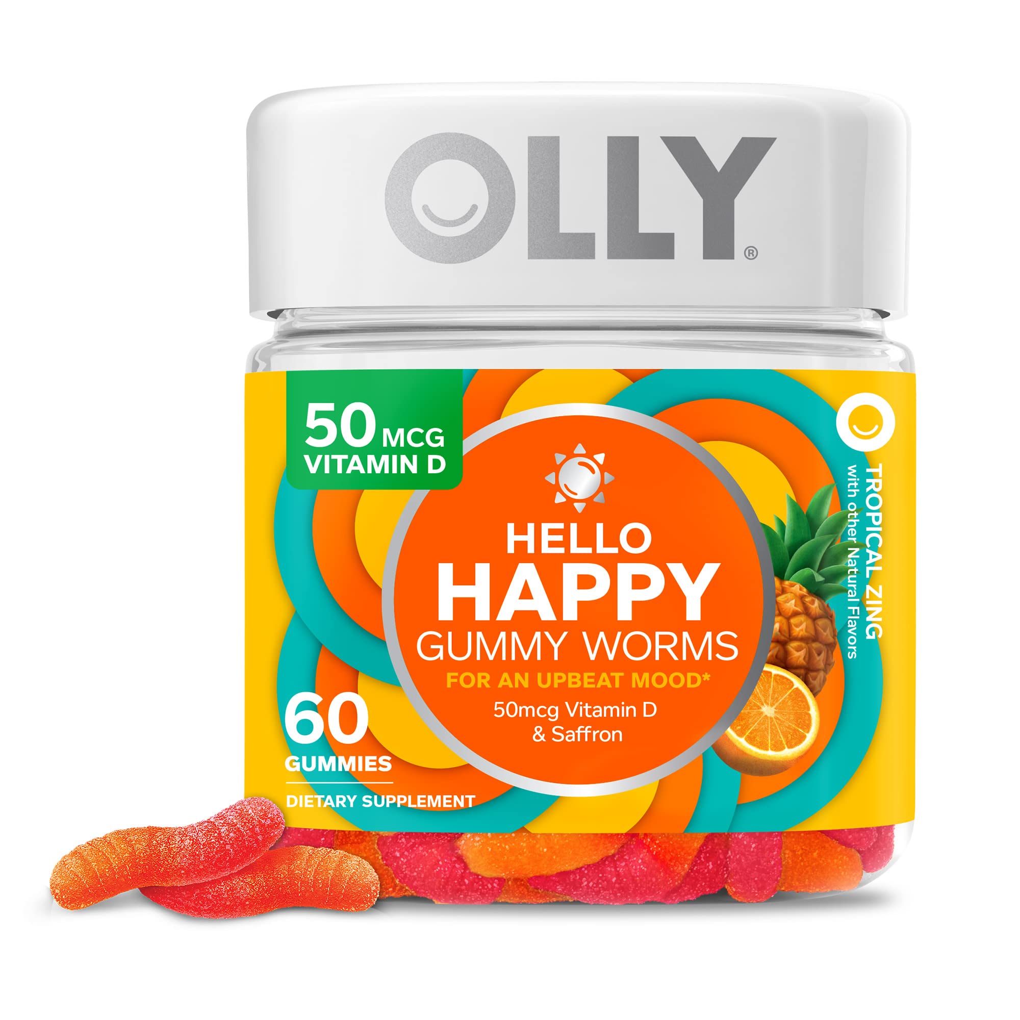 OLLY Hello Happy Gummy Worms, Mood Balance Support, Vitamin D, Saffron,  Adult Chewable Supplement, Tropical Zing - 60 Count 60 Count (Pack of 1)