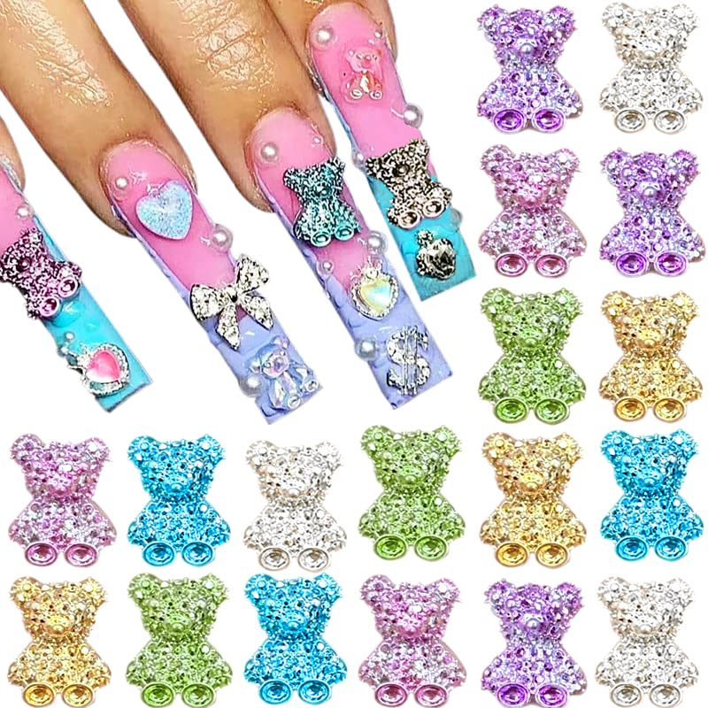 Bear Bow Heart Nail Rhinestones Gems 3D Luminous Nail Art Charms Glitter  Decals 