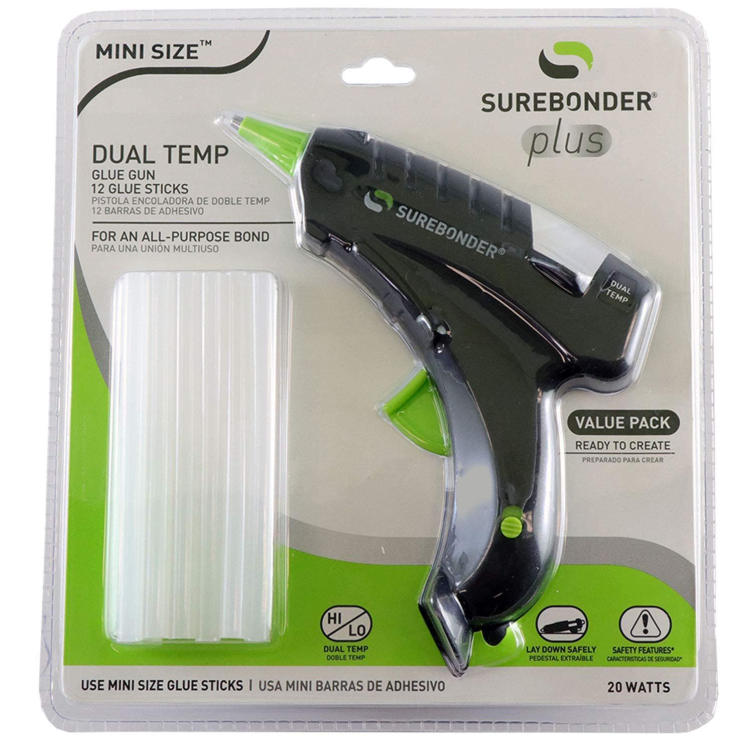 Surebonder Mini Hot Glue Gun With Dual Temperature Includes 12 Glue Sticks  20W 120V Bond a Variety of Materials Including Delicate Fabrics and Strong  Woods & Metals (Plus Series DT-200FKIT)