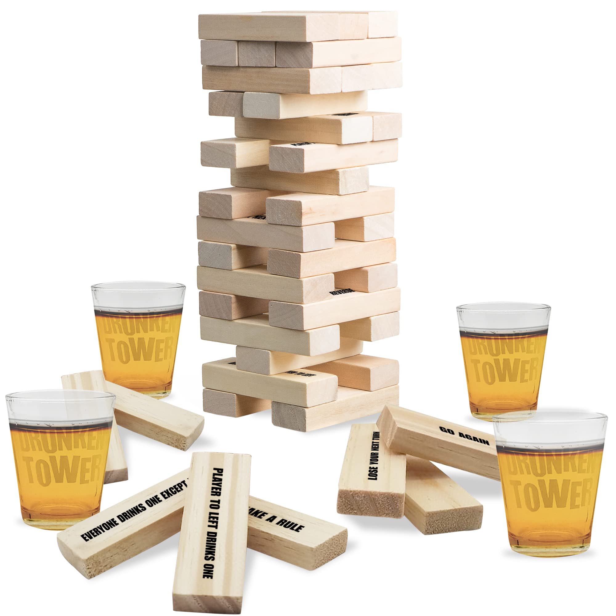 THE TWIDDLERS - Tumbling Tower Drinking Stack Game - 54 Wooden Blocks with  Tasks Commands, Fun Stackable Party Games for Adults, Freshers, Stag & Hen