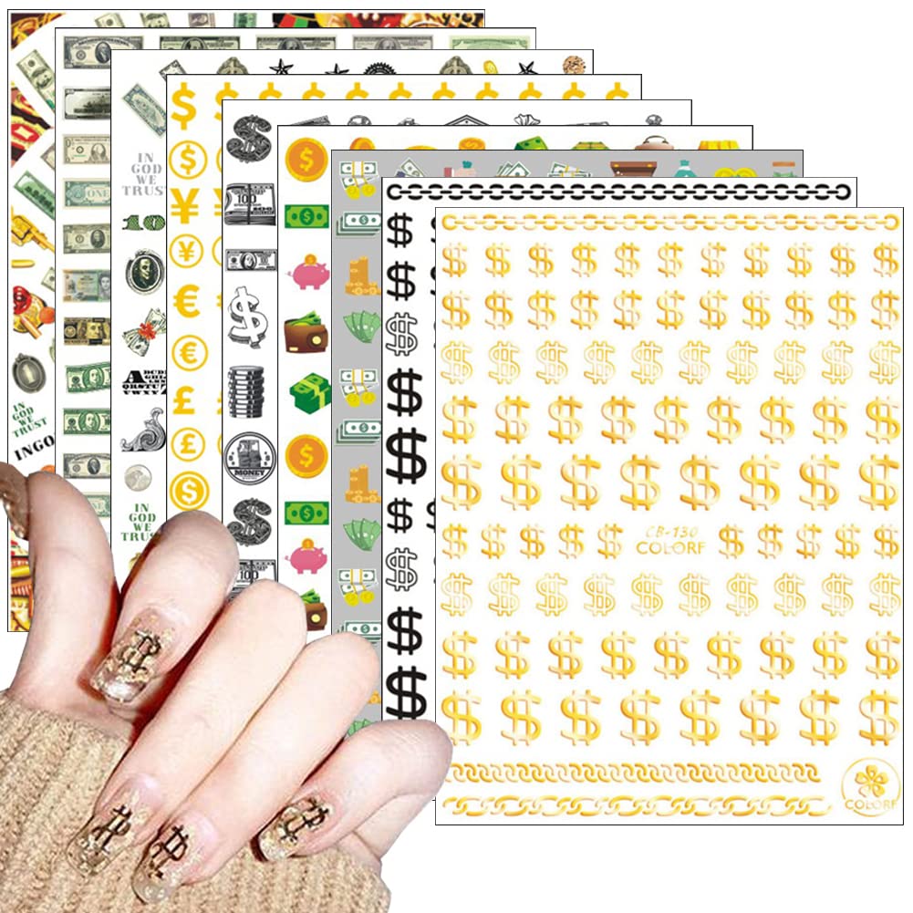 12 Sheets Money Dollar Nail Art Stickers 3D Gold Nail Art Supplies 100  Dollar Sign Self