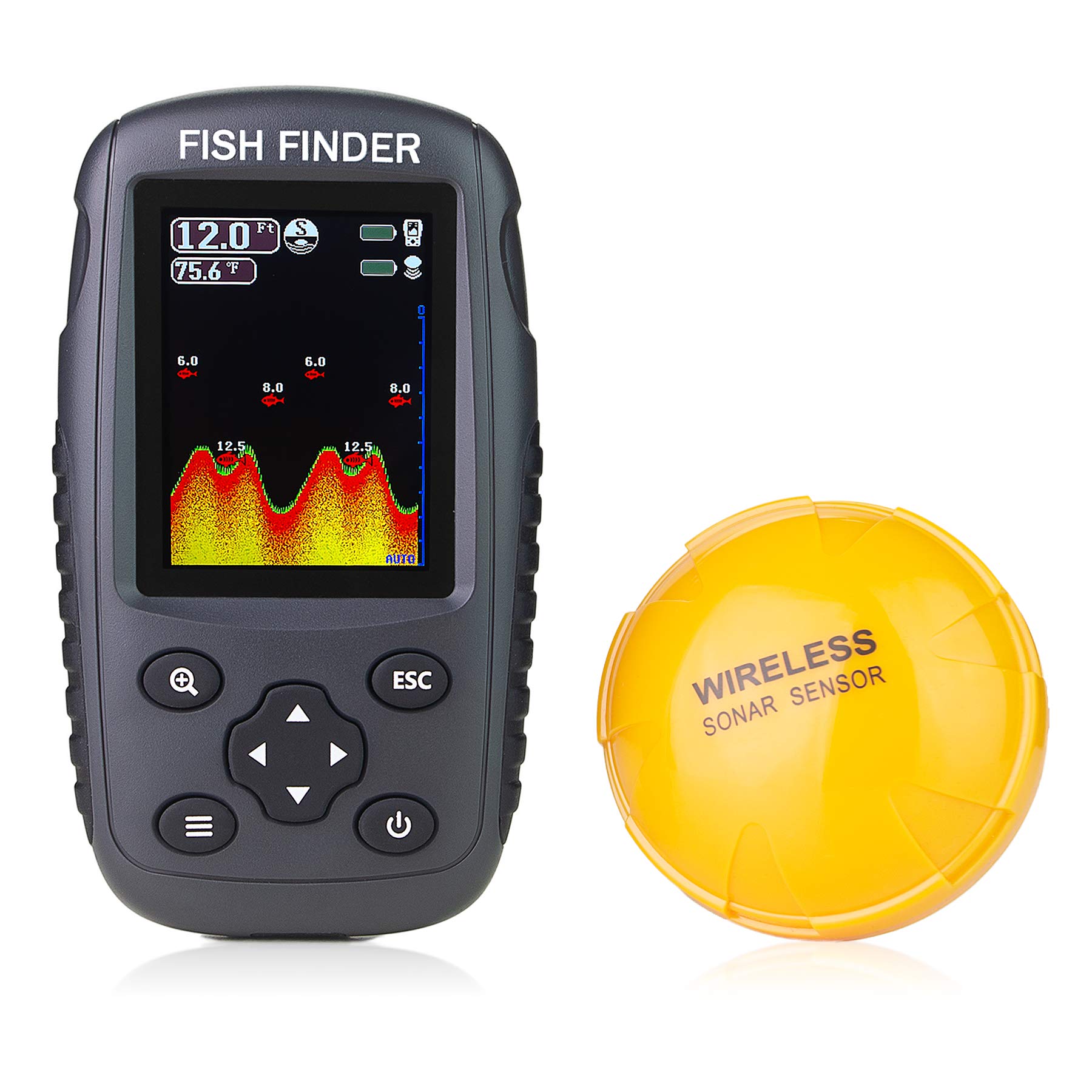 Venterior Portable Rechargeable Fish Finder Wireless Sonar Sensor Fishfinder  Depth Locator with Fish Size, Water Temperature, Bottom Contour, Color LCD  Display Black