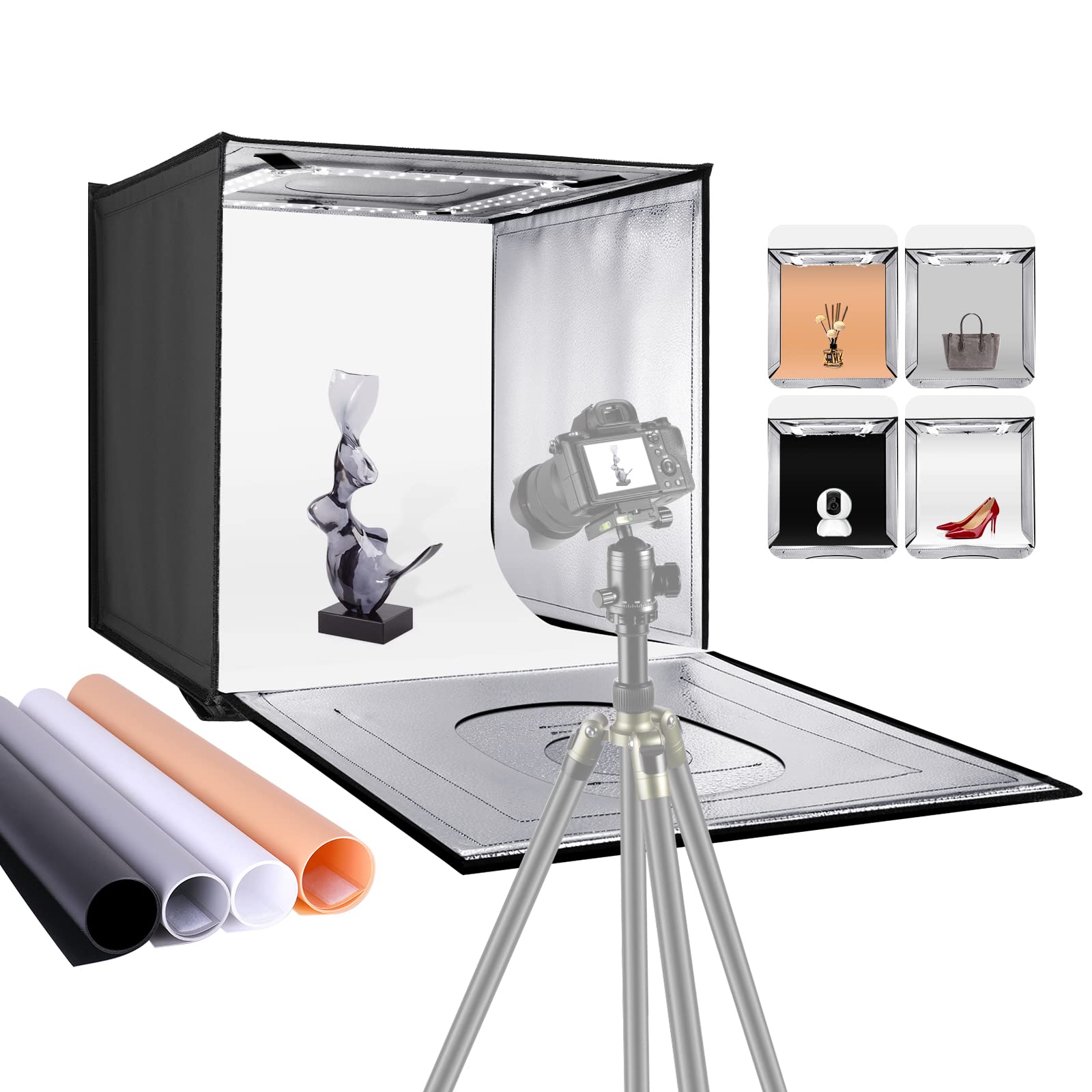 NEEWER Photo Studio Light Box, 20 x 20 Shooting Light Tent with Adjustable  Brightness, Foldable and Portable Tabletop Photography Lighting Kit with 80  LED Lights and 4 Colored Backdrops