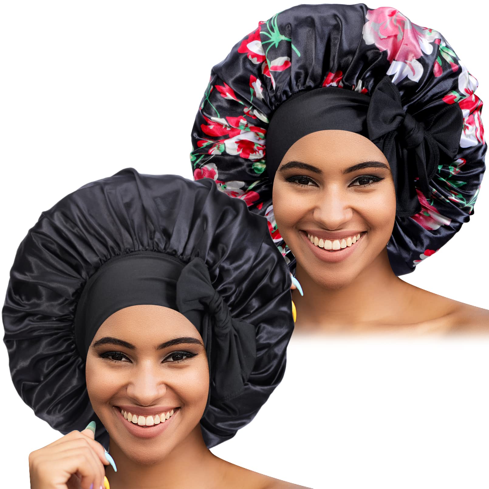 2PCS/LOT Women's Satin Bonnet With Wide Stretch Ties Band Long
