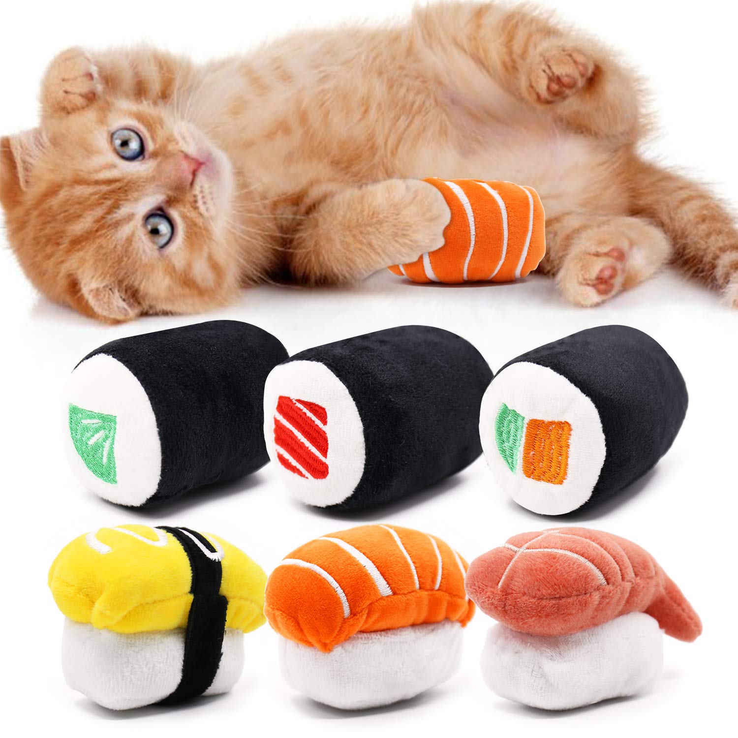 CiyvoLyeen 6 Pack Sushi Cat Toys with Catnip Sushi Roll Pillow Kitten Chew  Bite Supplies Boredom Relief Fluffy Kitty Teeth Cleaning Chewing Cat Lovers  Interactive Plush Gift