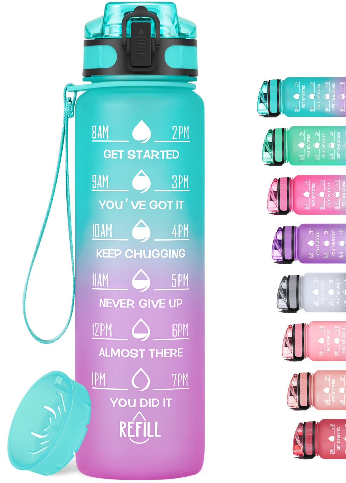 Motivational Water Bottle with Time Marker, 32 Oz BPA Free Water