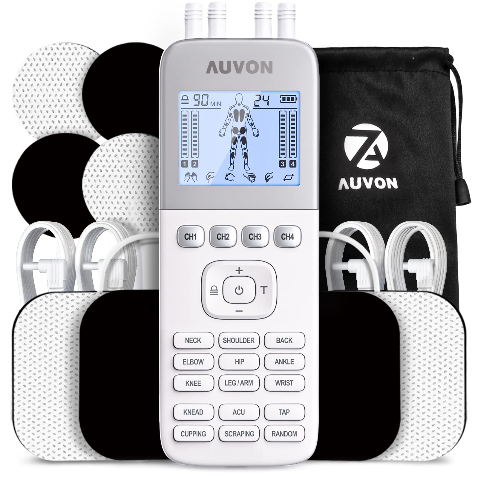AUVON 4 Outputs H1 TENS Unit 24 Modes Muscle Stimulator for Pain Relief, Rechargeable  TENS EMS Machine with Easy-to-Select Button Design, 2X Battery Life,  Dust-Proof Bag and 8 Electrode Pads