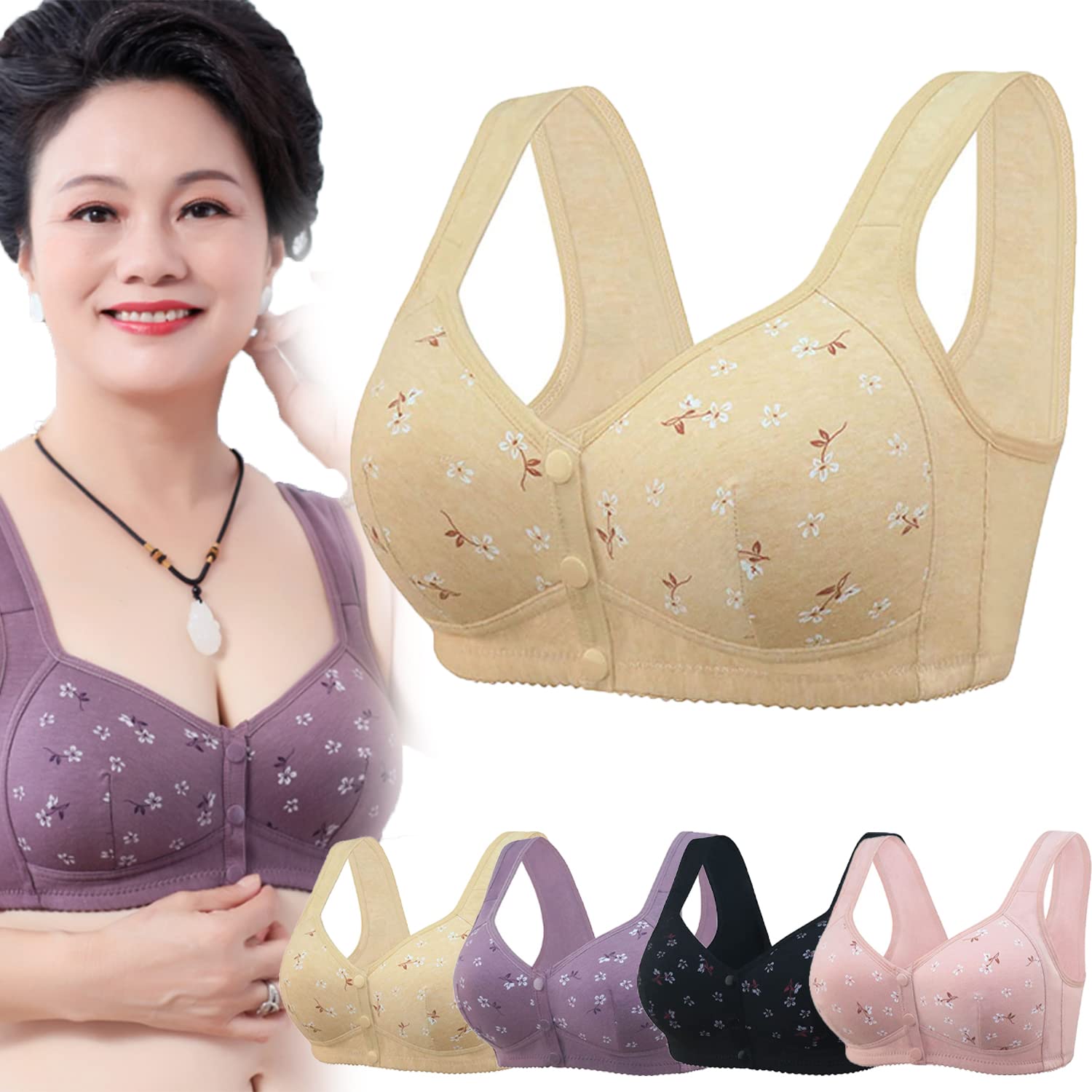 Bra 2 Pieces Daisy Front Button Breathable Cotton Bra With Front