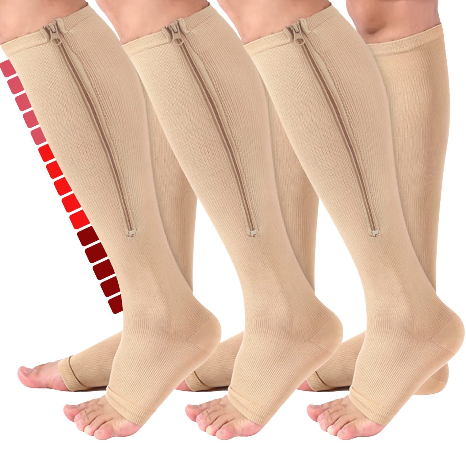 Iseasoo 3 Pairs Zippre Compression Socks - Calf Knee High Open Toe