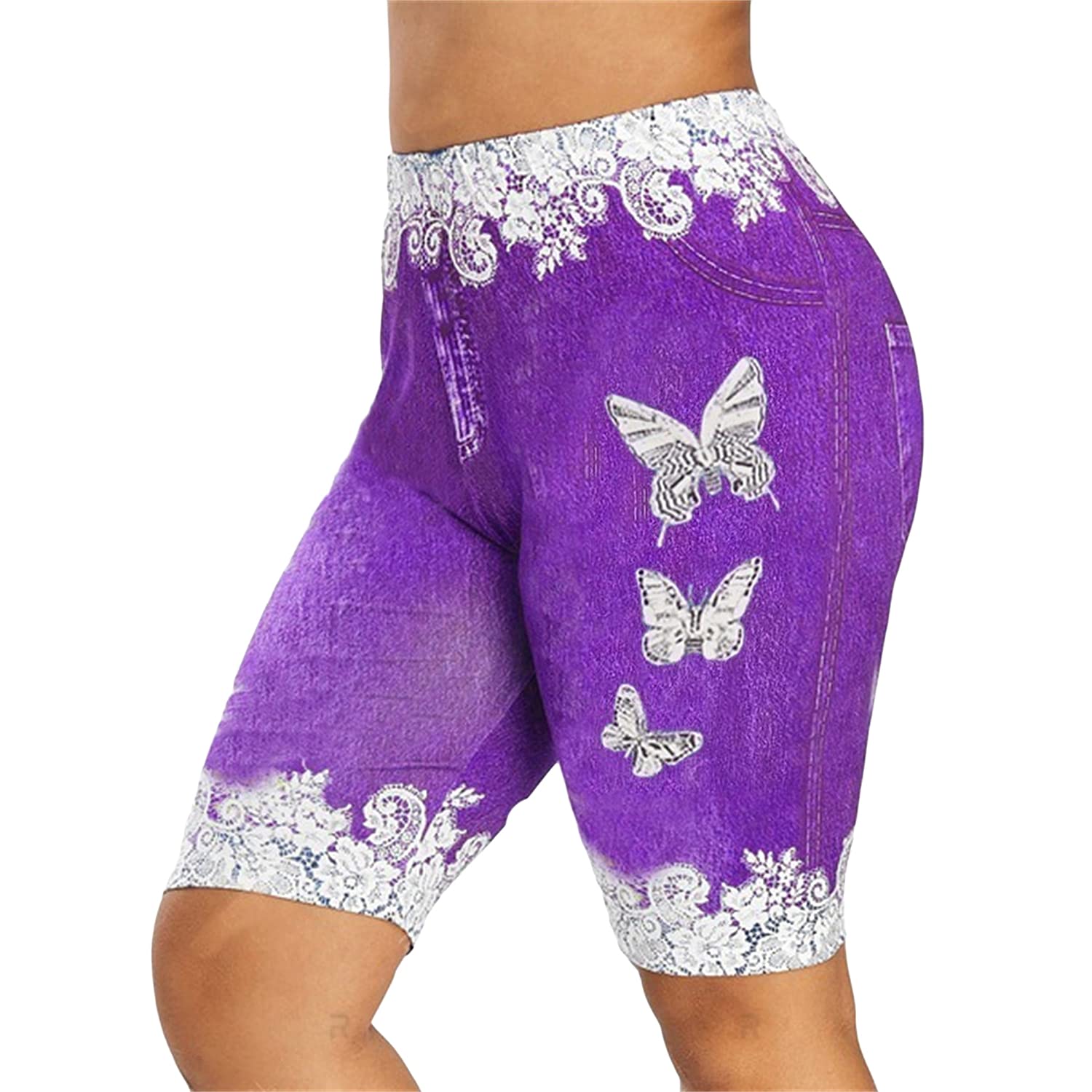Women's Printed Legging Short Jeans Knee Length Butterfly Bermuda Short  Jeans High Waisted Fitness Short Denim Leggings (Purple,Large)