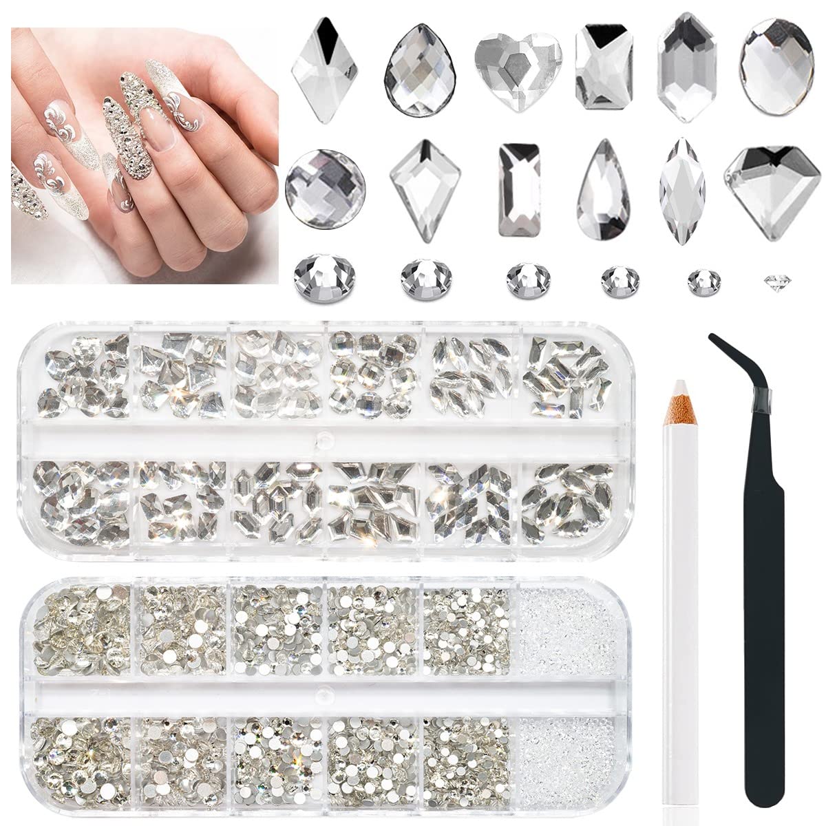 qiipii 1300pcs Crystal White Nail Art Rhinestones Crystal Clear Nail Charms 60 Multi Shapes Crystal Flatback Rhinestones Big Gems +1240 Round Beads K9 Glass