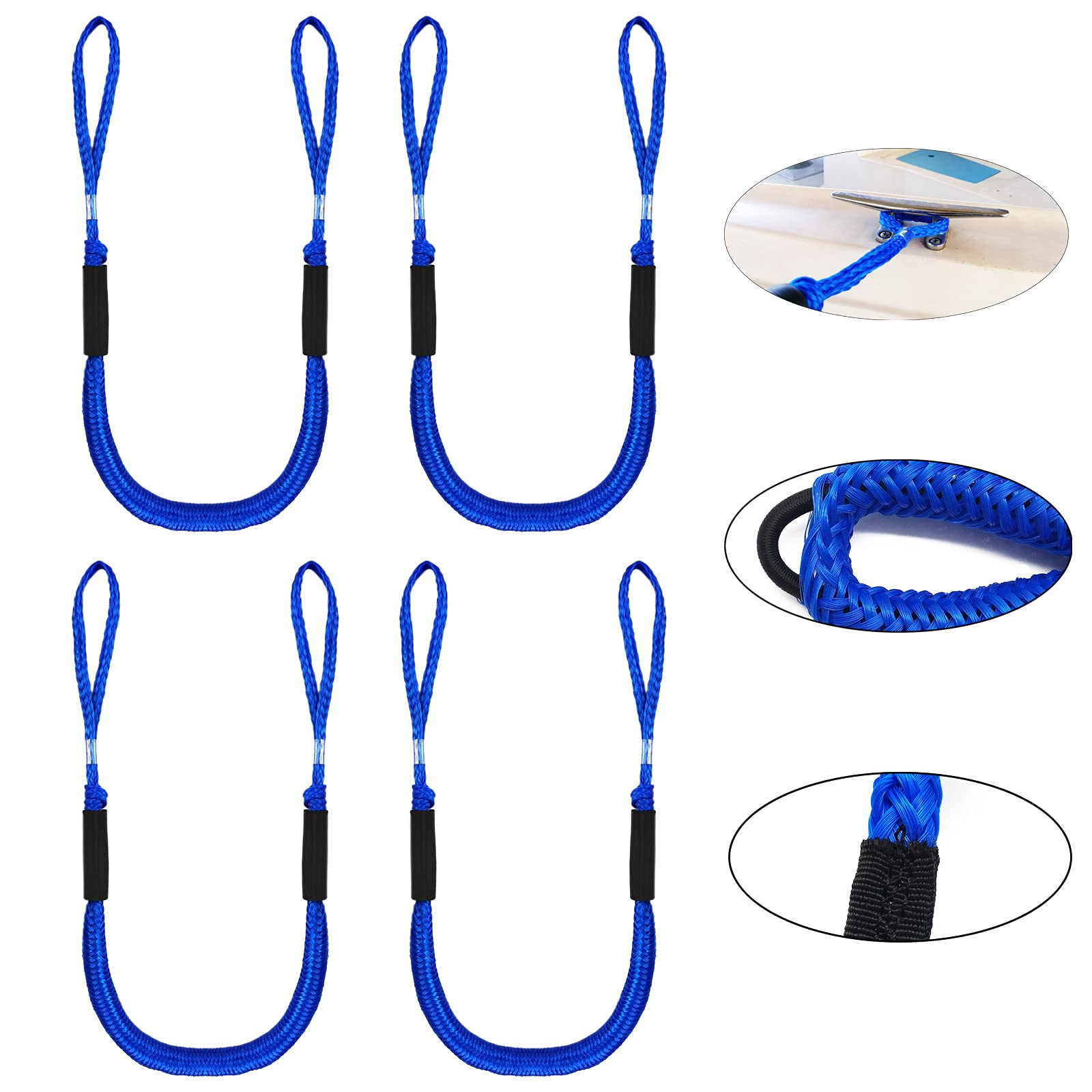 Pack of 4 Bungee Dock Lines for Boat Shock Absorb Dock Tie Mooring