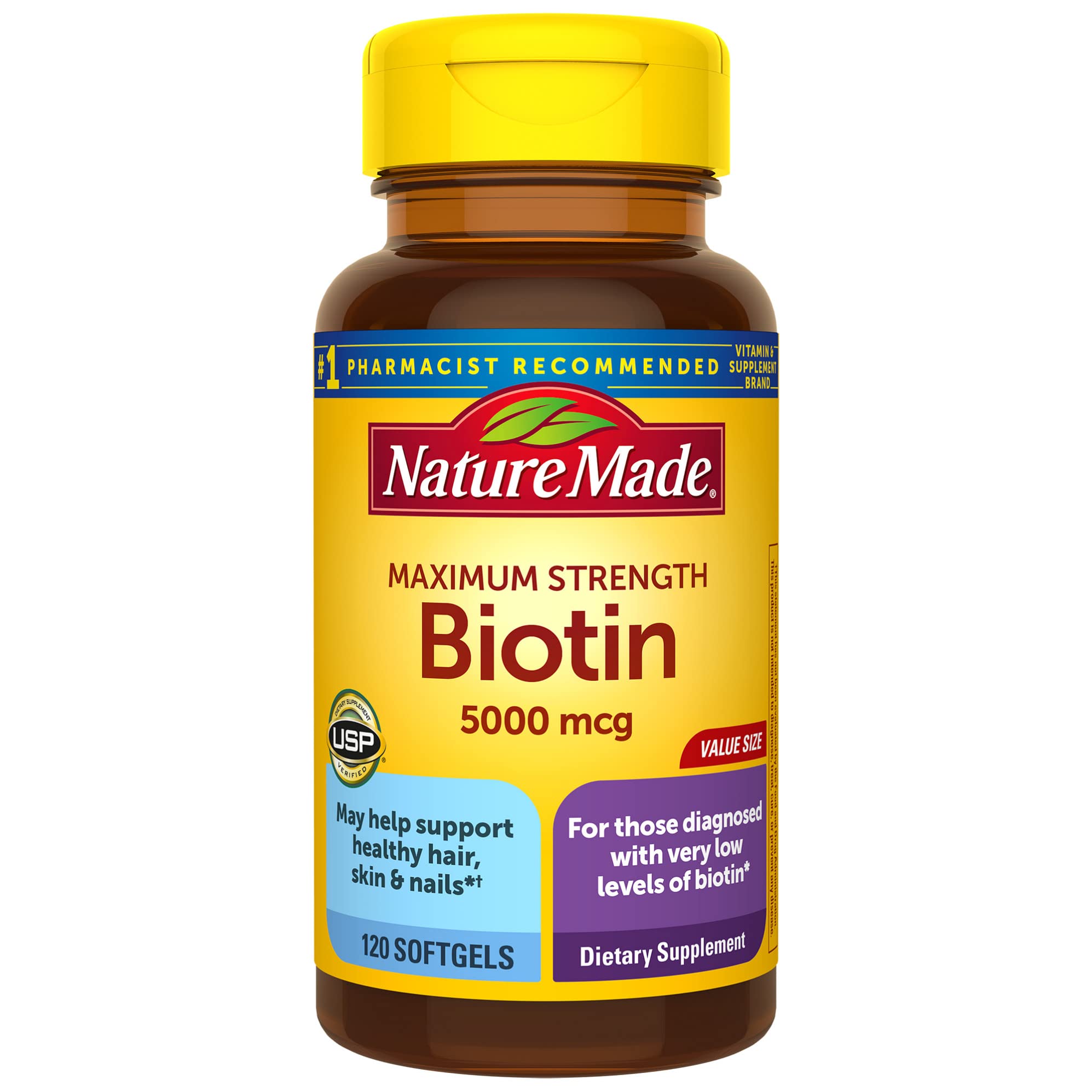 Nature Made Maximum Strength Biotin 5000 mcg, Dietary Supplement may help  support Healthy Hair, Skin & Nails, 120 Softgels 120 Count (Pack of 1)