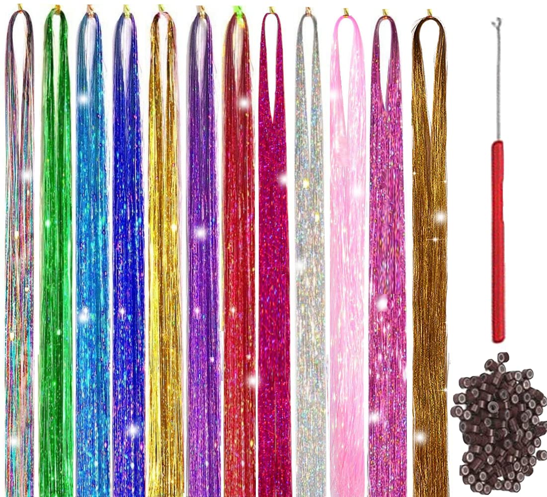 Hair Tinsel Kit With Tool 4200 strands Tinsel Hair Extensions 12 Colors  Fairy Hair Tinsel Sparkling Shiny Hair Tinsel Heat Resistant Highlights  Glitter Tinsel Hair Extensions(48 Inch) 12 Colors-4200 Strands 48 Inch (Pack  of 12)