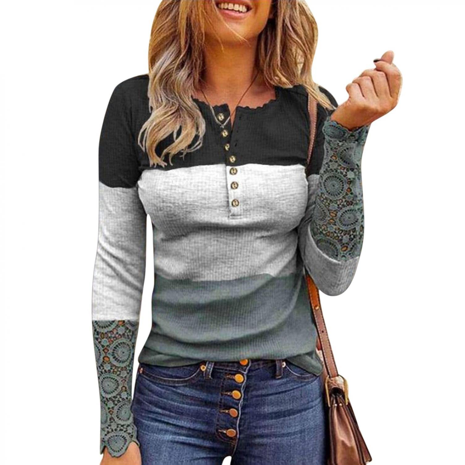 Long Sleeve Shirts for Women Fitted, Womens Ribbed Knit Henley T-Shirt Long  Sleeves Tunic Lace Tops Slim Fit Blouse Tee Tunic Medium Grey