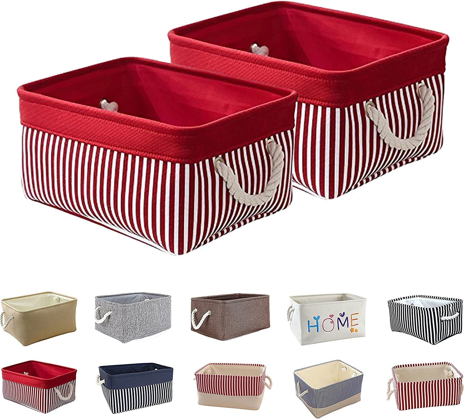 2 Pack Closet Canvas Fabric Storage Basket Storage Bins Organizing Baskets  for Shelves, Closets, Laundry, Nursery, Decorative Baskets for Gifts Empty  30 x 20 x 13 cm (11.75 x 8 x 5 Inch) Solid Red & Red Stripe