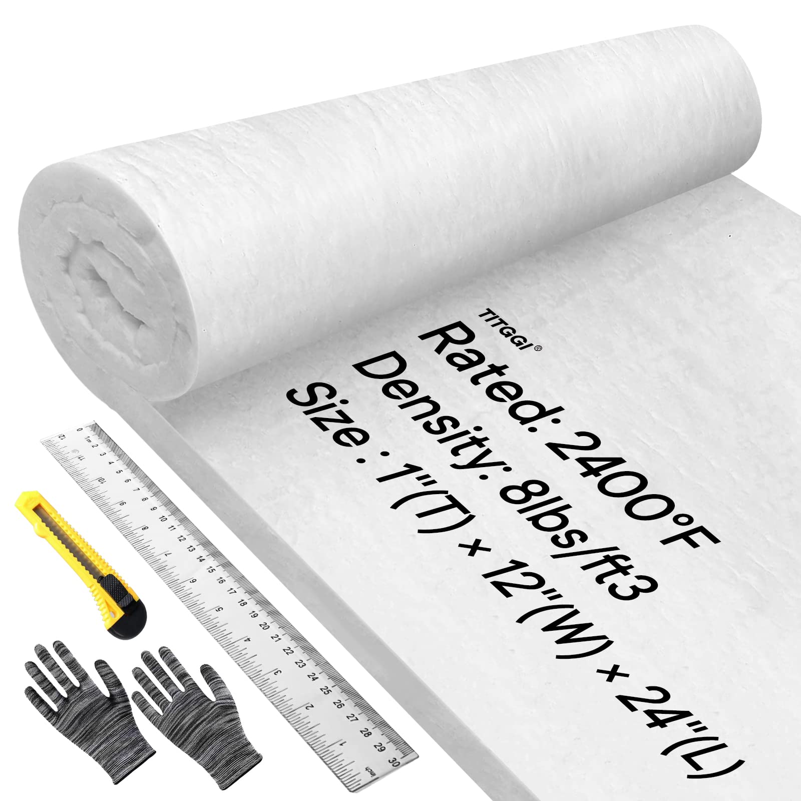 TITGGI Kaowool Fireproof Ceramic Fiber Insulation Blanket (2400F 1x 12x  24), High Temperature Ceramic Fiber Blanket for Stoves, Kilns, Dishwasher  & Oven Insulation - Including Ruler, Gloves, Knife