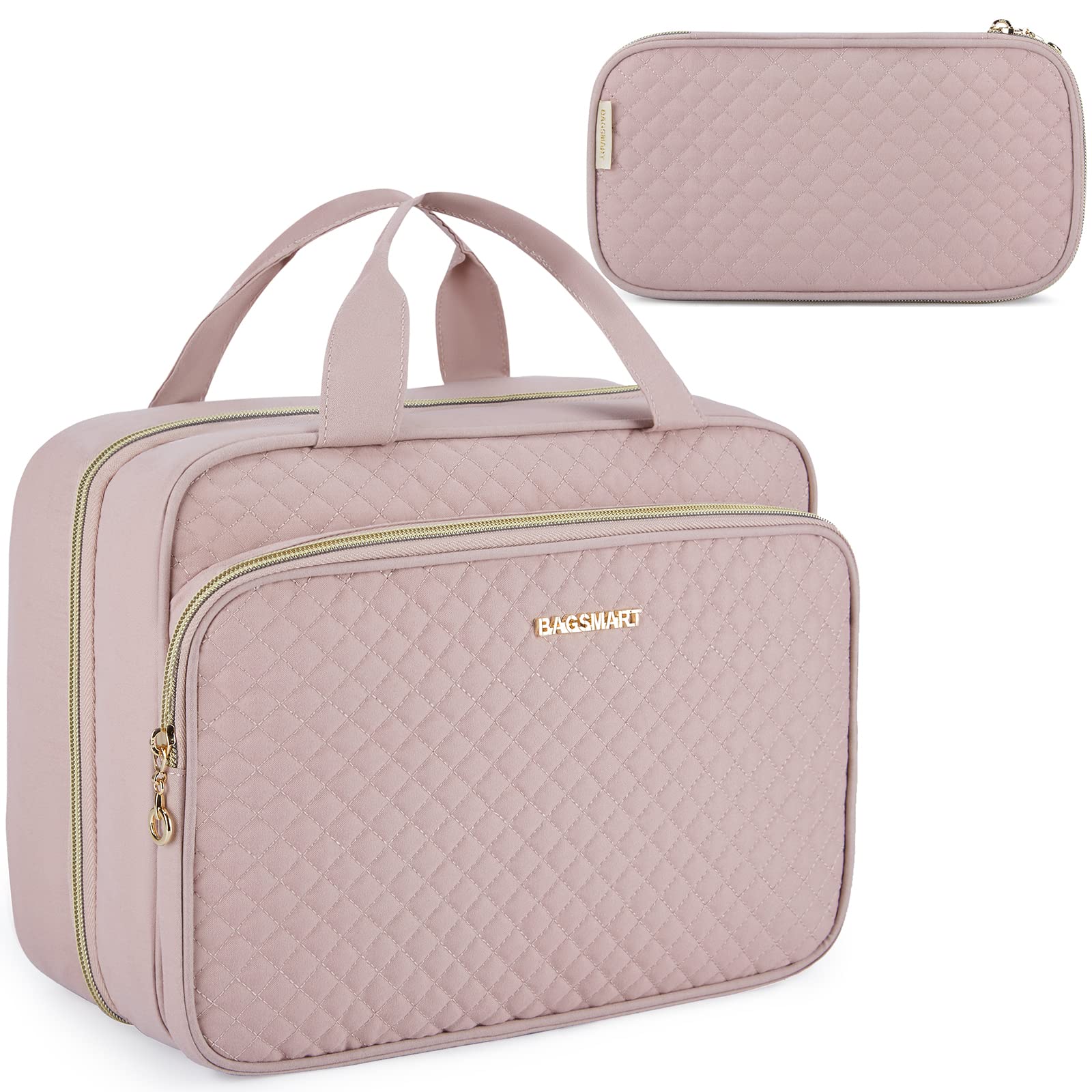 BAGSMART Space Saver Pro Toiletry Bag with Cosmetic Bag for Travel, Large / Baby Pink