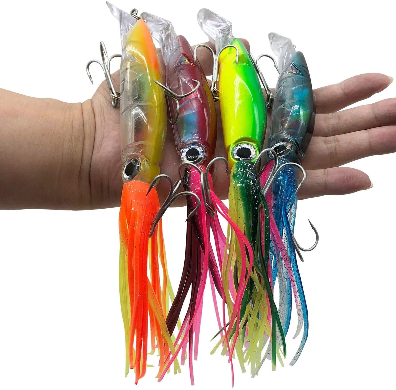 DAMIDEL 4 Pcs Large Simulation Squid Fishing Lures Bait Kit,3D Holographic  Eyes,Built-in Multicolored