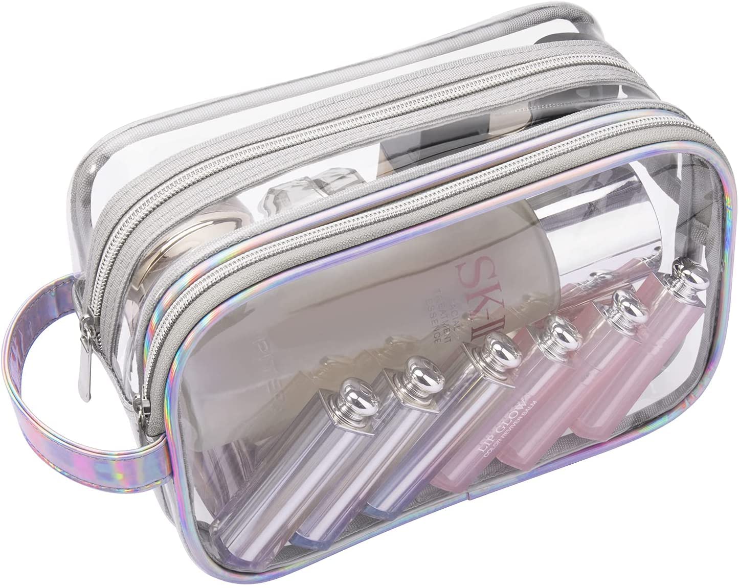 Lermende Clear Toiletry Makeup Bag, 2 Layer Clear Makeup Pouch for Travel  Portable Makeup Organizer Bag Water-Resistant PVC Large Cosmetic Toiletry  Bag for Girl and Women sideSilver