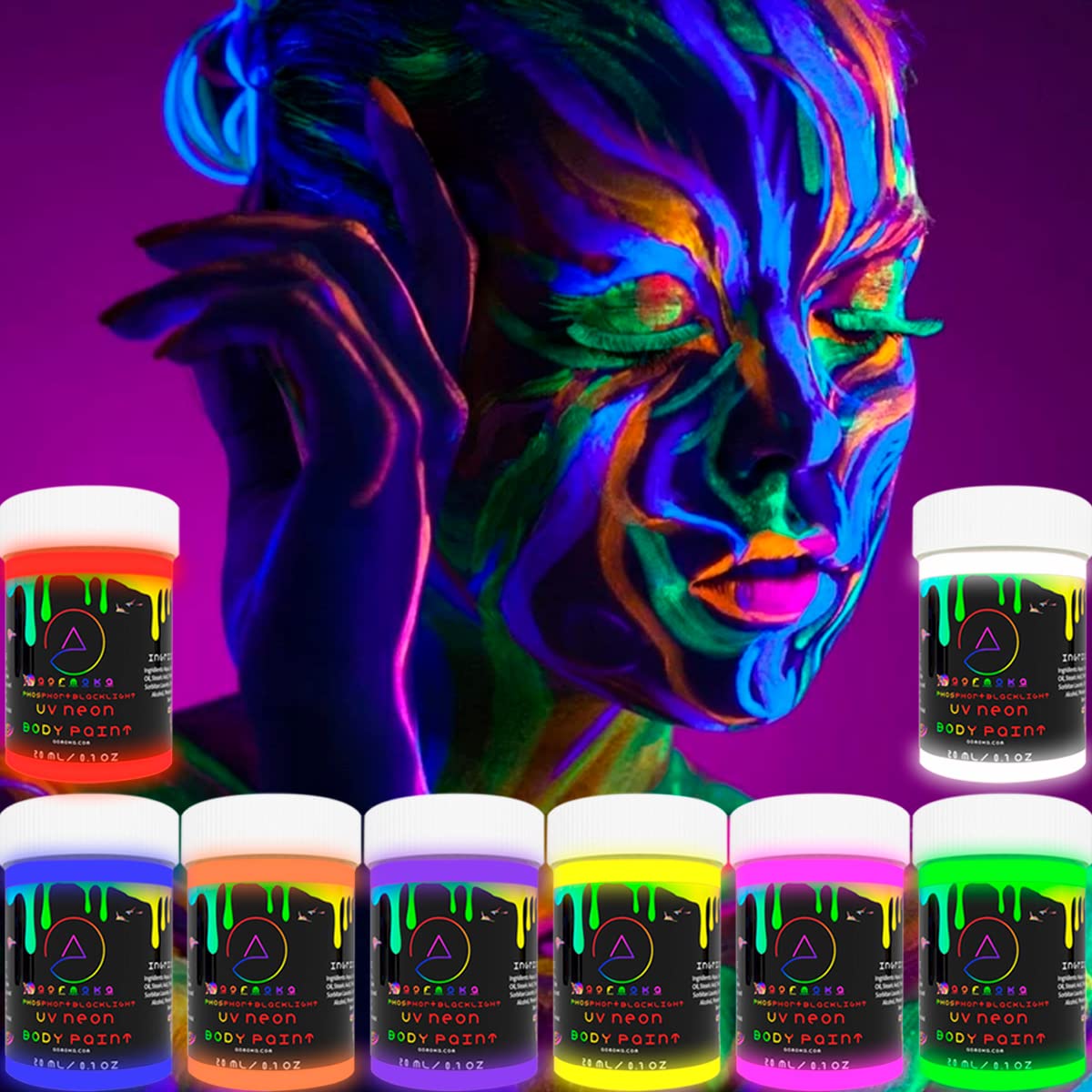 Neon Nights 8 x UV Body Paint Black Light Make-Up 5.5 fl oz Bodypainting Neon Blacklight Bodypaint Face Paints