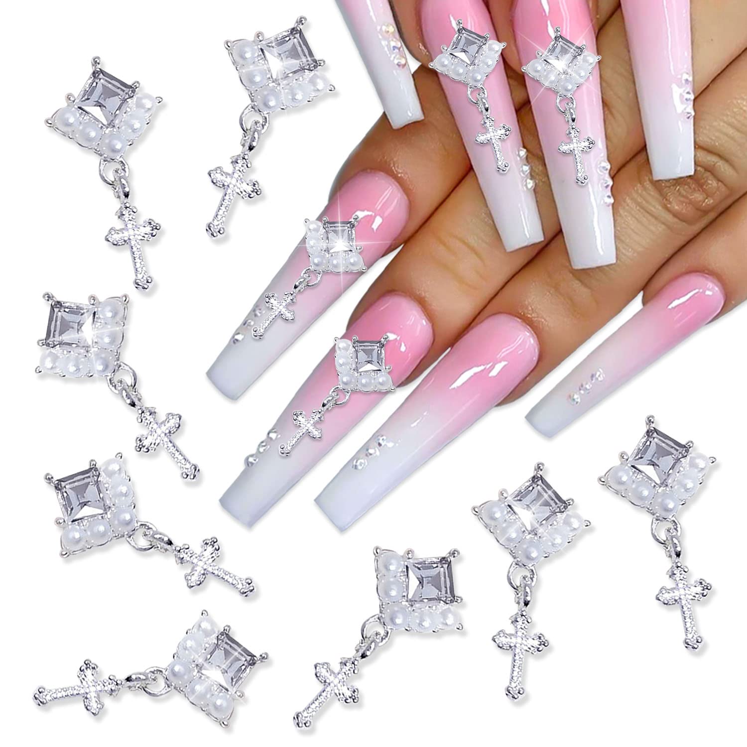 WOKOTO 20 Pcs Dangle Cross Nail Charms Silver Nail Charms for Nail