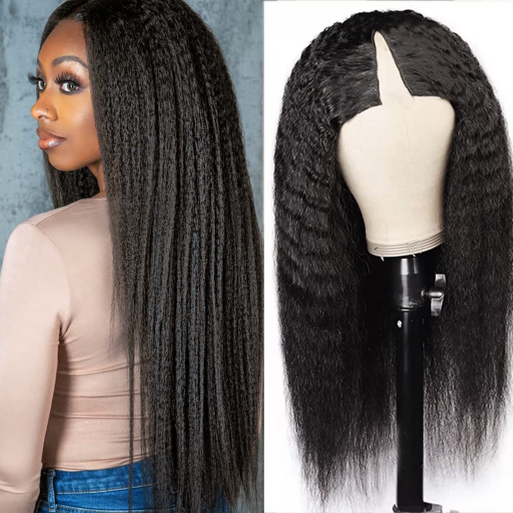 Abijale V Part Wigs Human Hair Brazilian Virgin Kinky Straight Human Hair  Wigs for Black Women Upgrade U Part Wigs No Leave Out Lace Front Wigs  Glueless Full Head Clip in Half