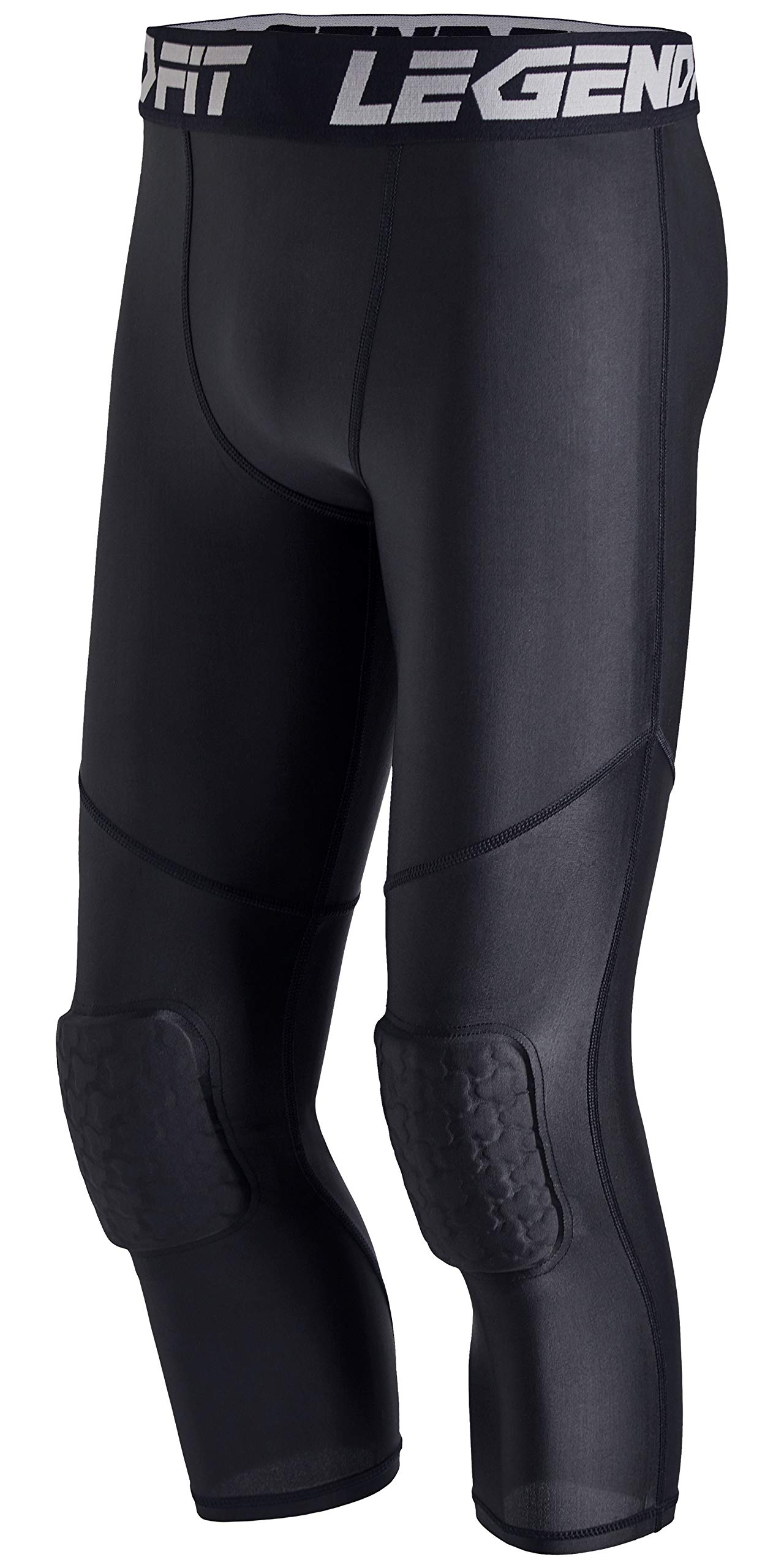 Basketball Pants with Knee Pads, Black/White Knee Pads Compression Pants,  3/4 Capri Leggings