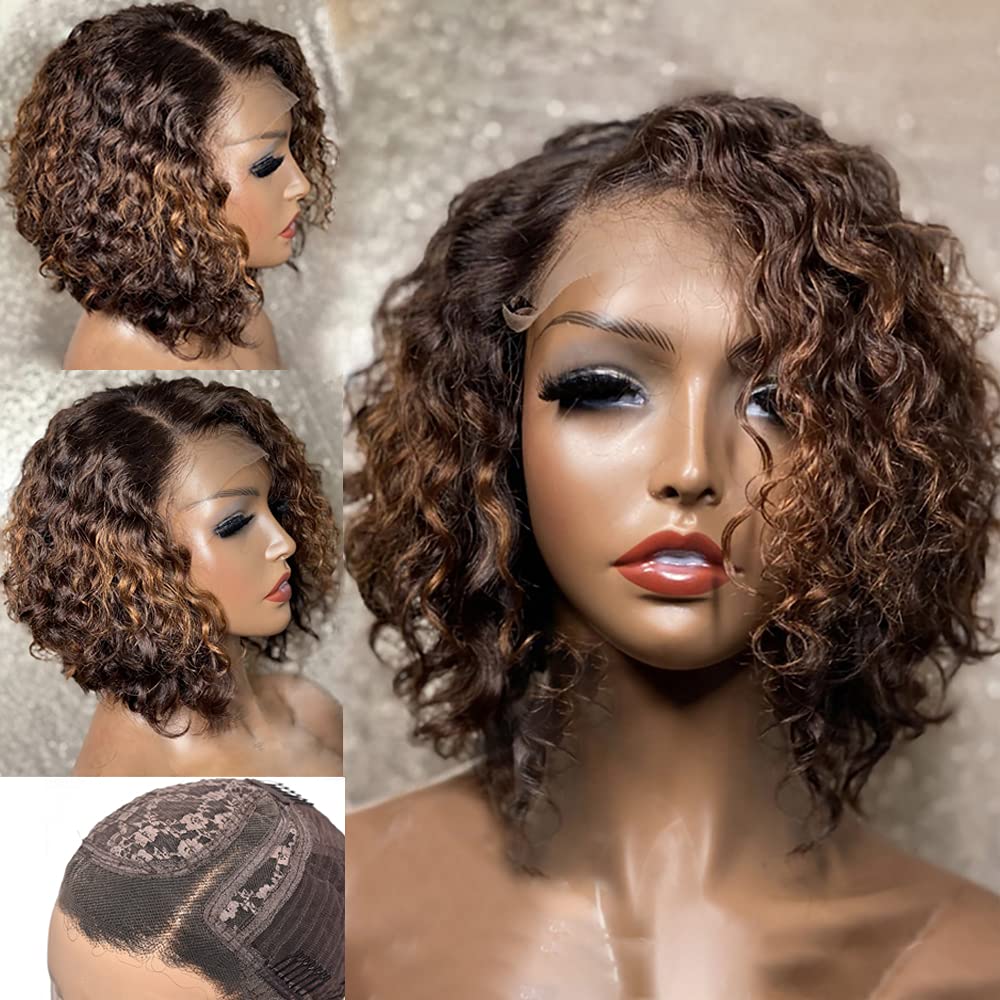  Curly Bob Lace Front Wigs Human Hair 13x6 T Part Lace Frontal Wig  Pre Plucked with Baby Hair Brown Remy Hair for Women (2/30, T Lace, 8 Inch)  2/30, T Lace 8 Inch