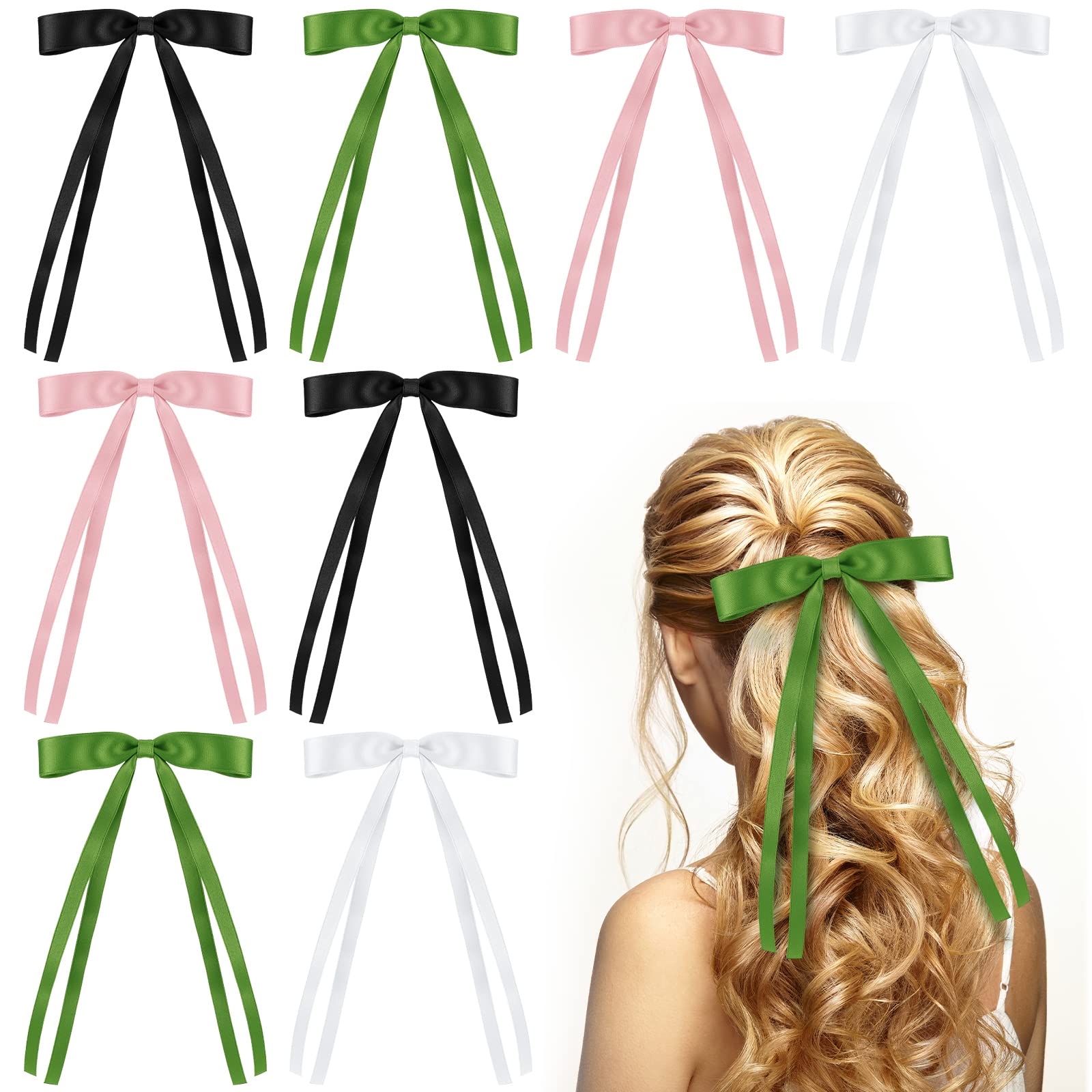 Yunlly 8 Pcs Hair Bows Tassel Ribbon for Women Bow Hair Clips with