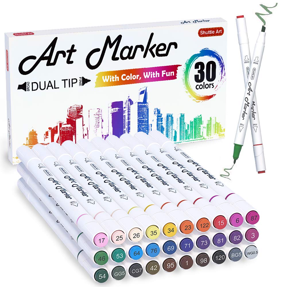 Shuttle Art 30 Colors Dual Tip Art Markers Permanent Marker Pens