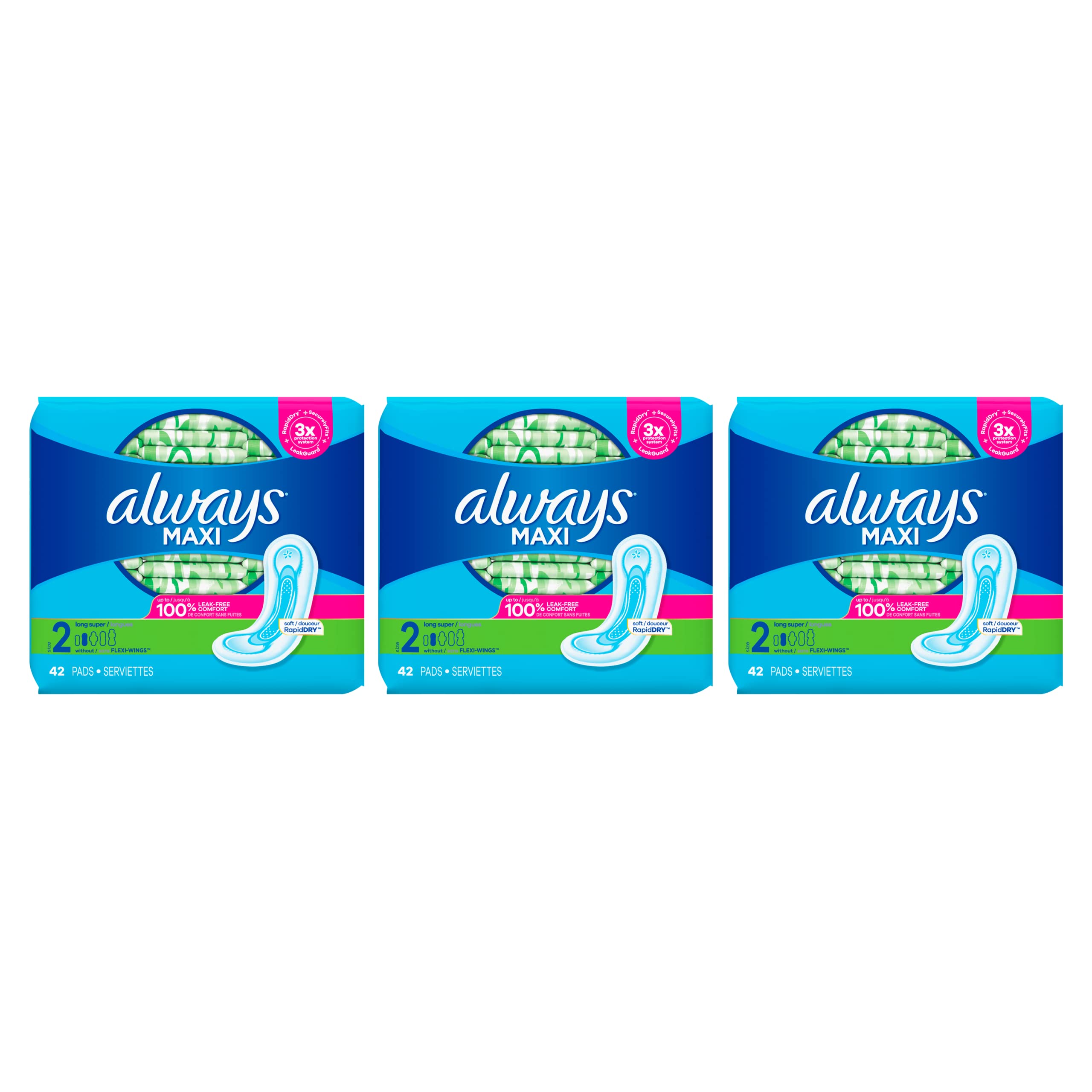 Always Maxi Size 2 Super Pads for Women Without Wings Unscented 42 Count -  Pack of 4 (