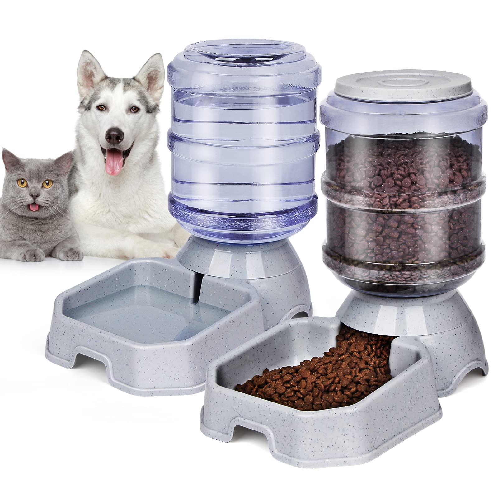 Pet Feeder and Water Food Dispenser Automatic for Dogs Cats, 100% BPA-Free,  Gravity Refill, Easily Clean, Self Feeding for Small Large Pets Puppy  Kitten Rabbit Bunny A-Grey