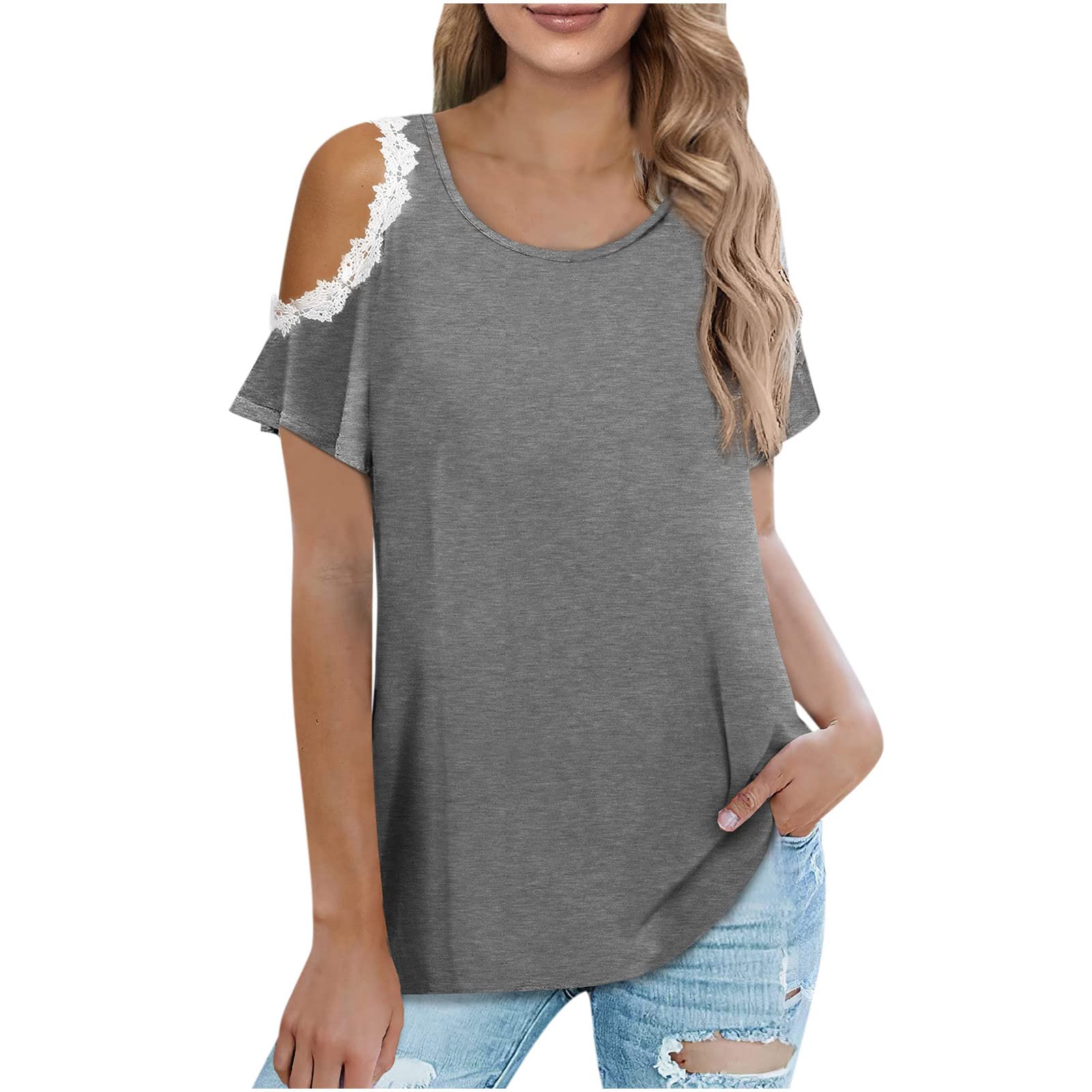 Summer Tops for Women Sexy Cold Shoulder Plus Size Tops Casual Solid Round  Neck T Shirts
