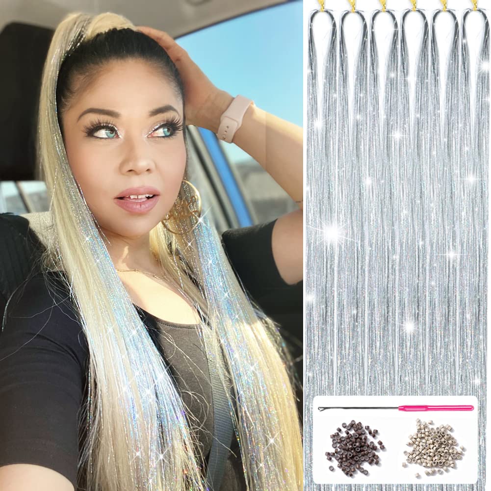 Silver Hair Tinsel Kit with Tools 1200 Strands Hair Tinsel Heat Resistant  Fairy Hair Tinsel Kit 47 Inch Sparkling Glitter Tinsel Hair Extensions Hair  Tensile for Halloween Christmas New Year Party (Shining Silver)