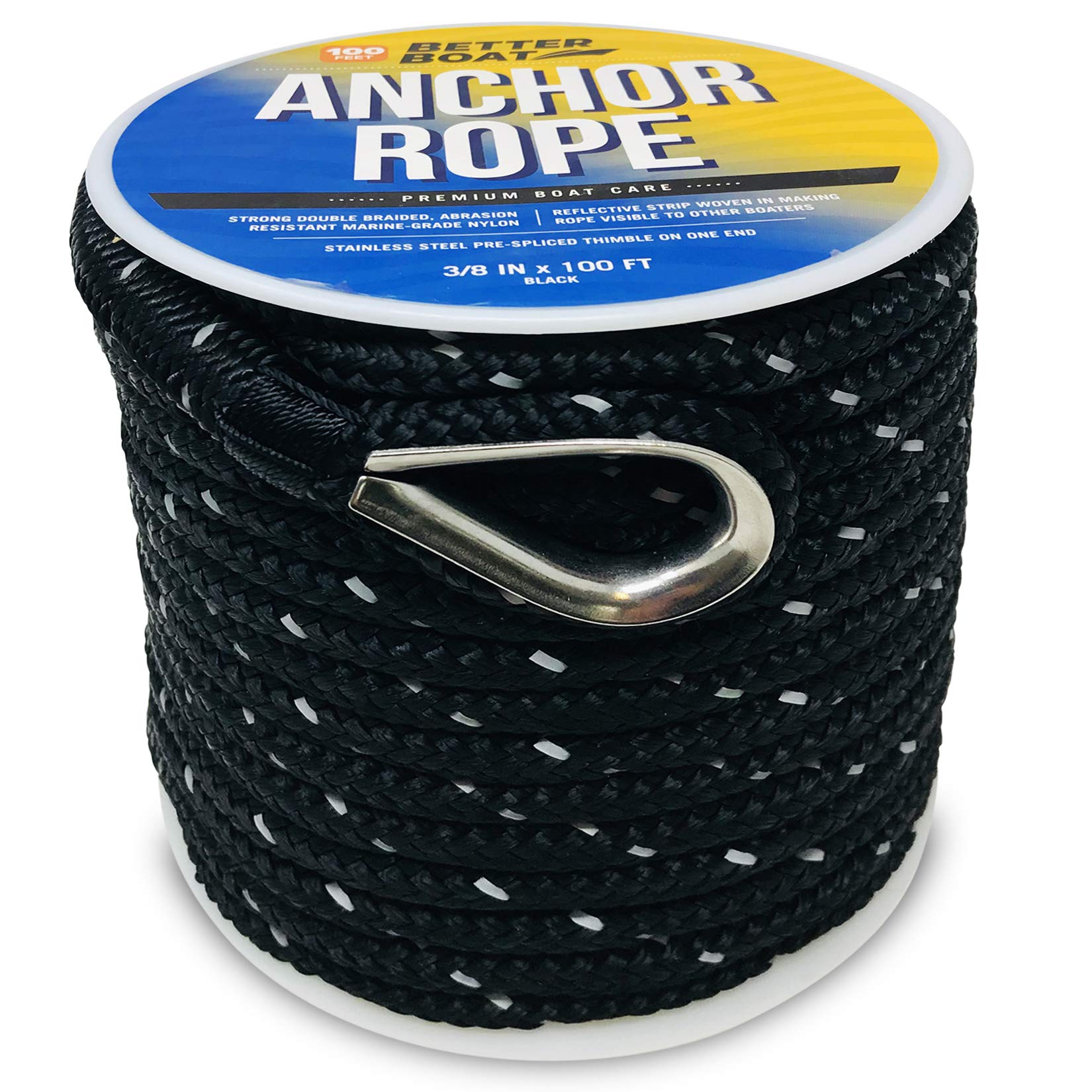 Premium Boat Anchor Rope 100 Ft Double Braided Boat Anchor Line Black Nylon  Marine Rope Braided 3/8 Anchor Rope Reel for Many Anchors & Boats 3/8 Inch  Black
