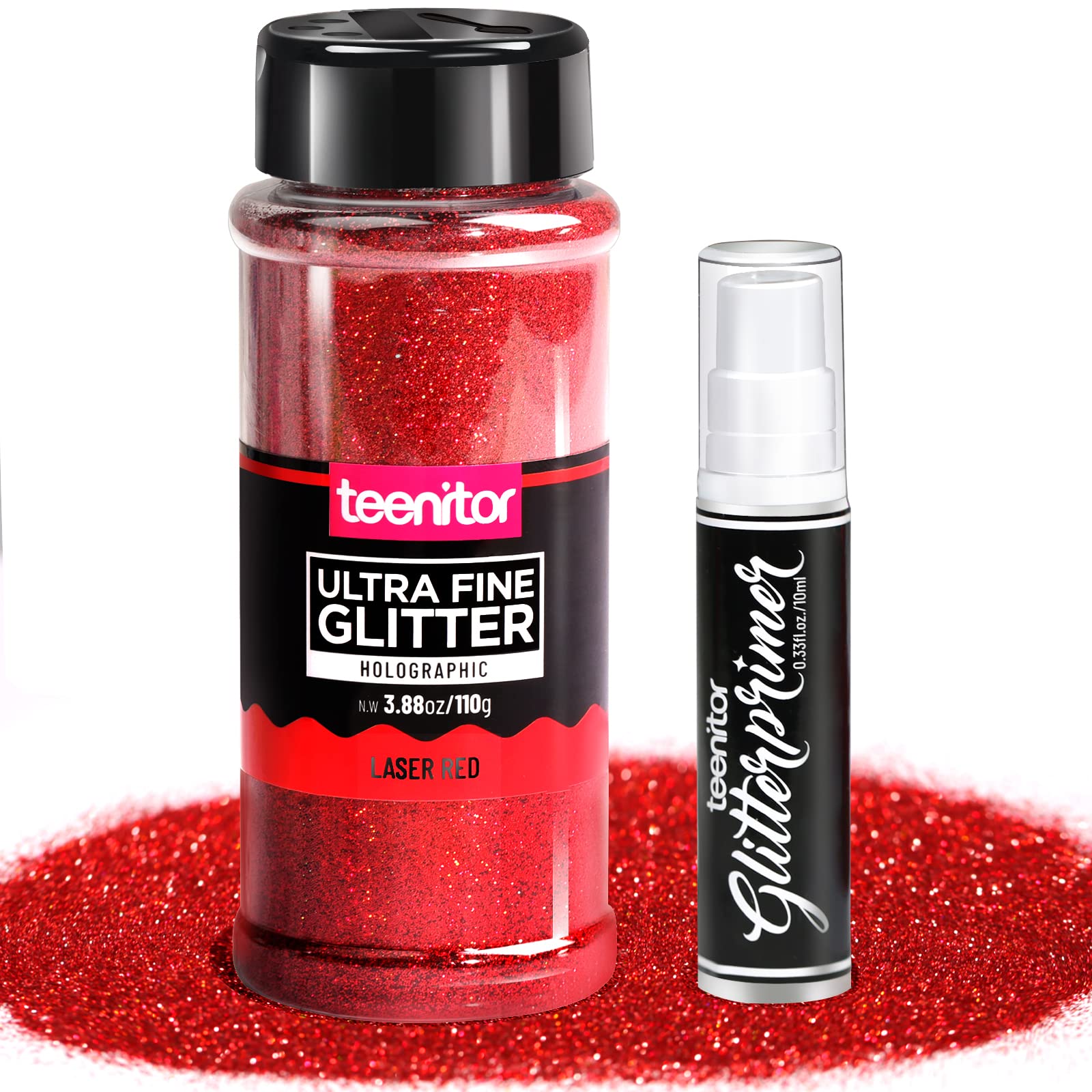 Glitter Teenitor Holographic Glitter with Glitter Primer Fine Glitter  Glitter for Crafts Nail Eye Hair Body Face Cosmetic Laser Red H-Laser Red  Fine Glitter-110G