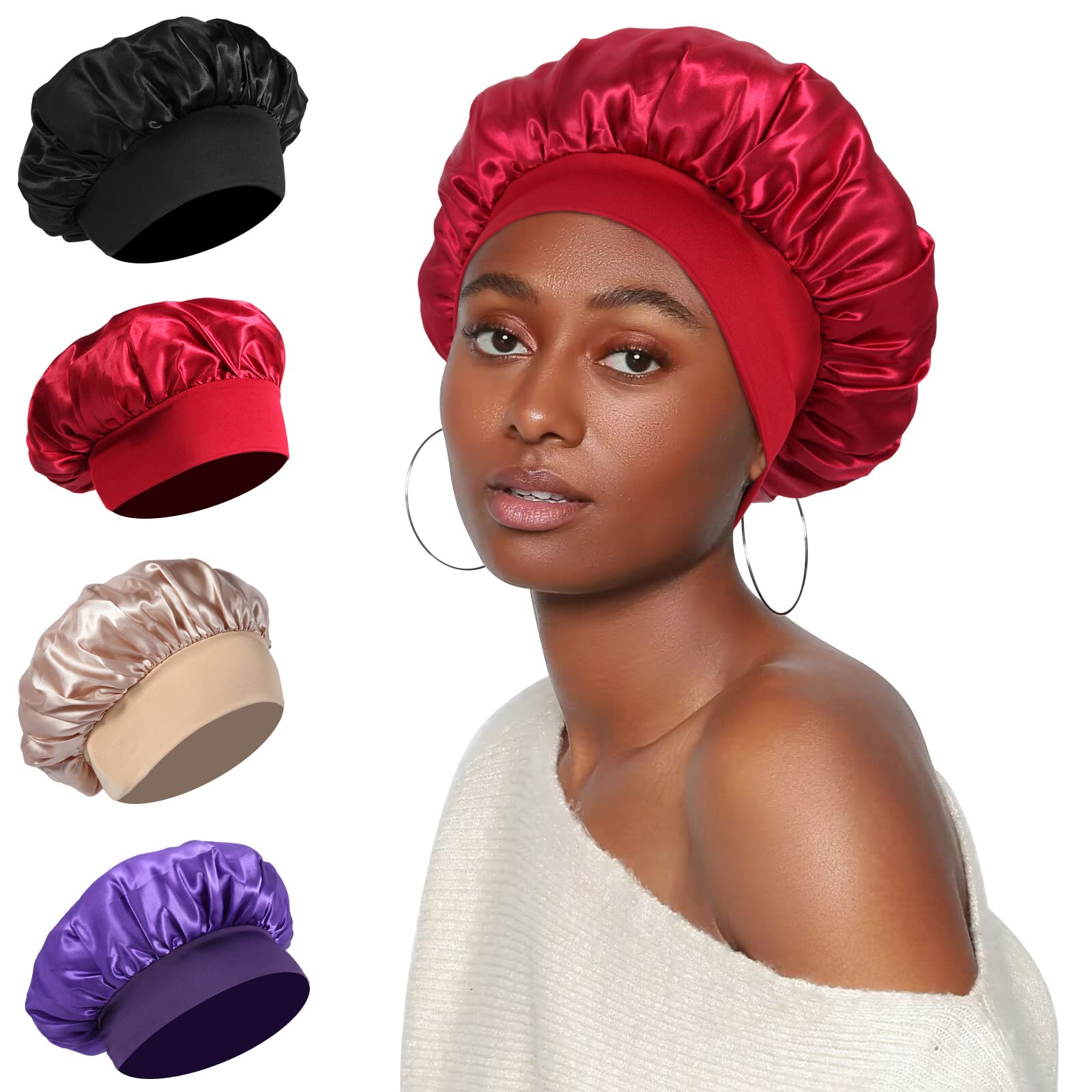 4 Pcs Satin Bonnet Silk Bonnet, Hair Bonnet for Sleeping, Elastic Wide Band Silk  Sleep Cap