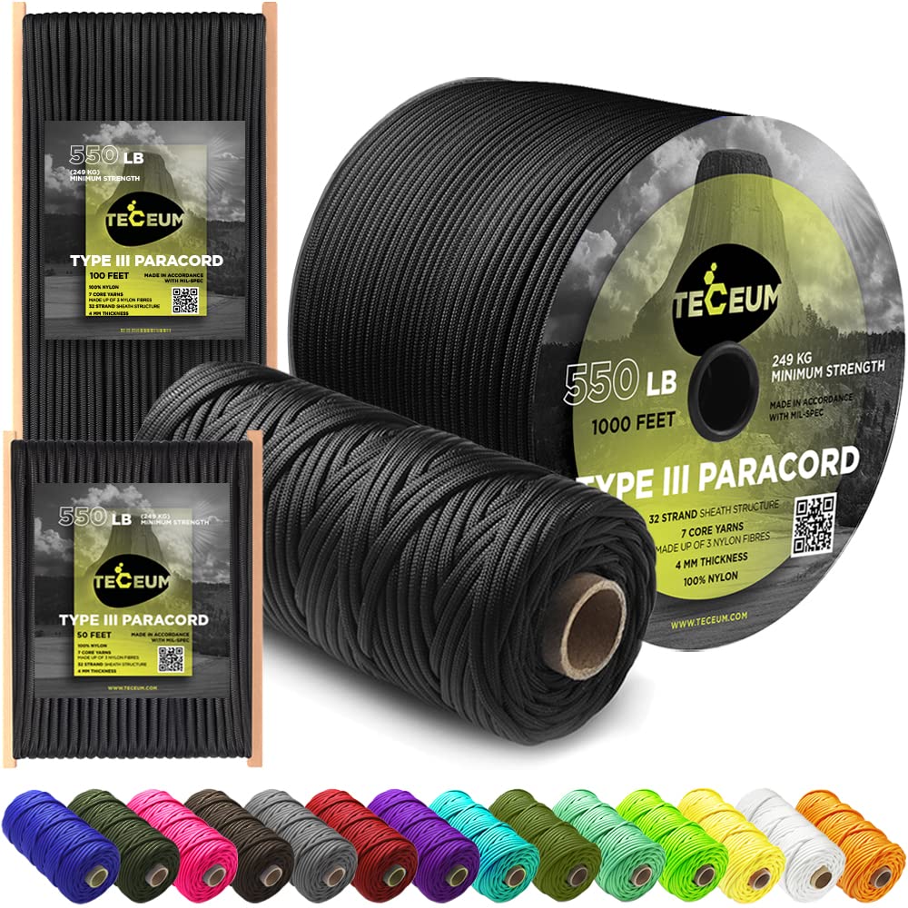 TECEUM Paracord 550 lb Ideal for Crafting DIY Projects Camping Military  Active Outdoors 40 Colors Tactical