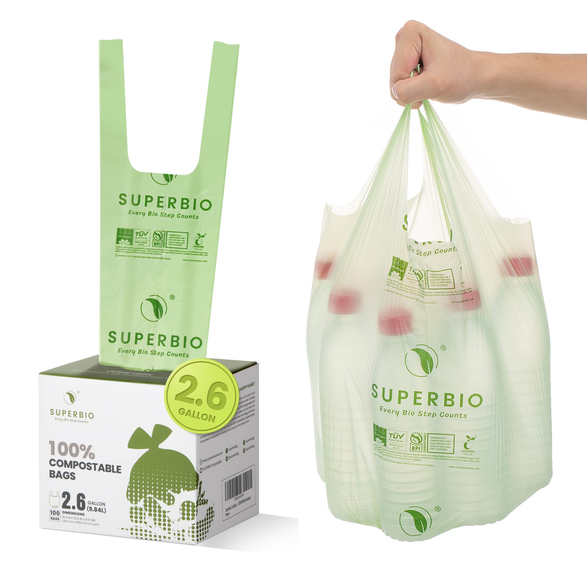 SUPERBIO 2.6 Gallon Compostable Handle Tie Garbage Bags, 100 Count, 1 Pack, Kitchen  Trash Bag With Handle, Food Scrap Small Bags Certified by BPI and OK  Compost Meeting ASTM D6400 Standards 100 Count (Pack of 1)