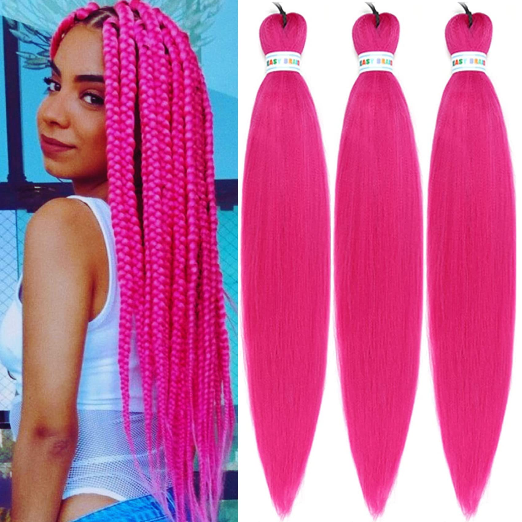 Rose Pink Braiding Hair Pre Stretched Box Braid Hair Extension 26 Inch  (Pack of 3) 26