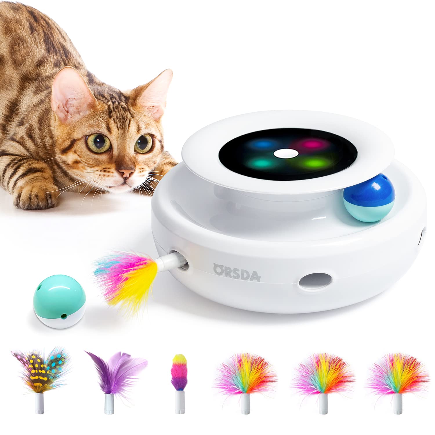 Cat Toys ORSDA 2-in-1 Interactive Cat Toys for Indoor Cats, Cat Balls, Cat  Mice Toy, Cat Entertainment Toys with 6pcs Feathers, Dual Power Supplies,  Auto On/Off Ivory White