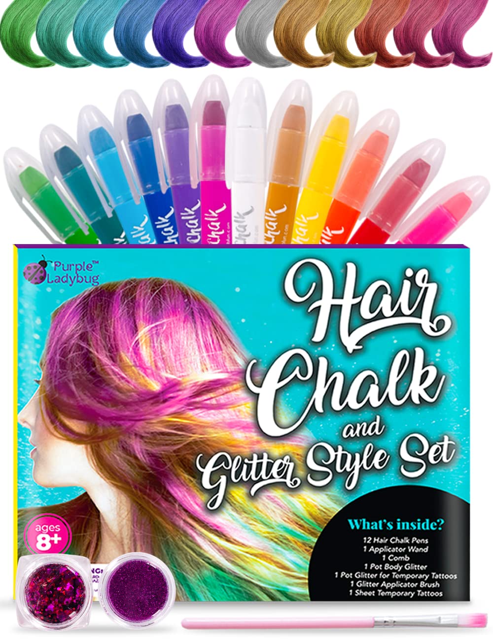 PURPLE LADYBUG 12 Colors Hair Chalk for Girls Age 8-10, Washable