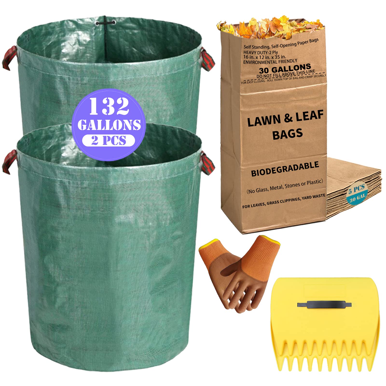 Leaf Bags, 2-Pack 132 Gallon Large Heavy Duty Reusable Yard Waste Bags with  Hand