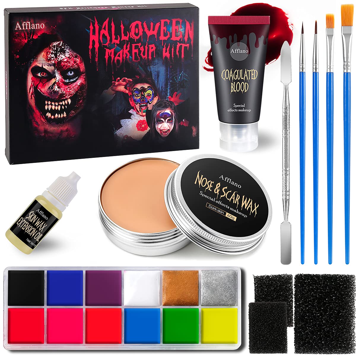 AFFLANO Special Effects Stage Halloween Makeup Set All-In-1 SFX Makeup  Kit-Face Body Painting+Fake Scar Wax+Coagulated  Blood+Sponge+Spatula+Extension Oil Zombie Festival Theatrical Wound  Modeling Scar