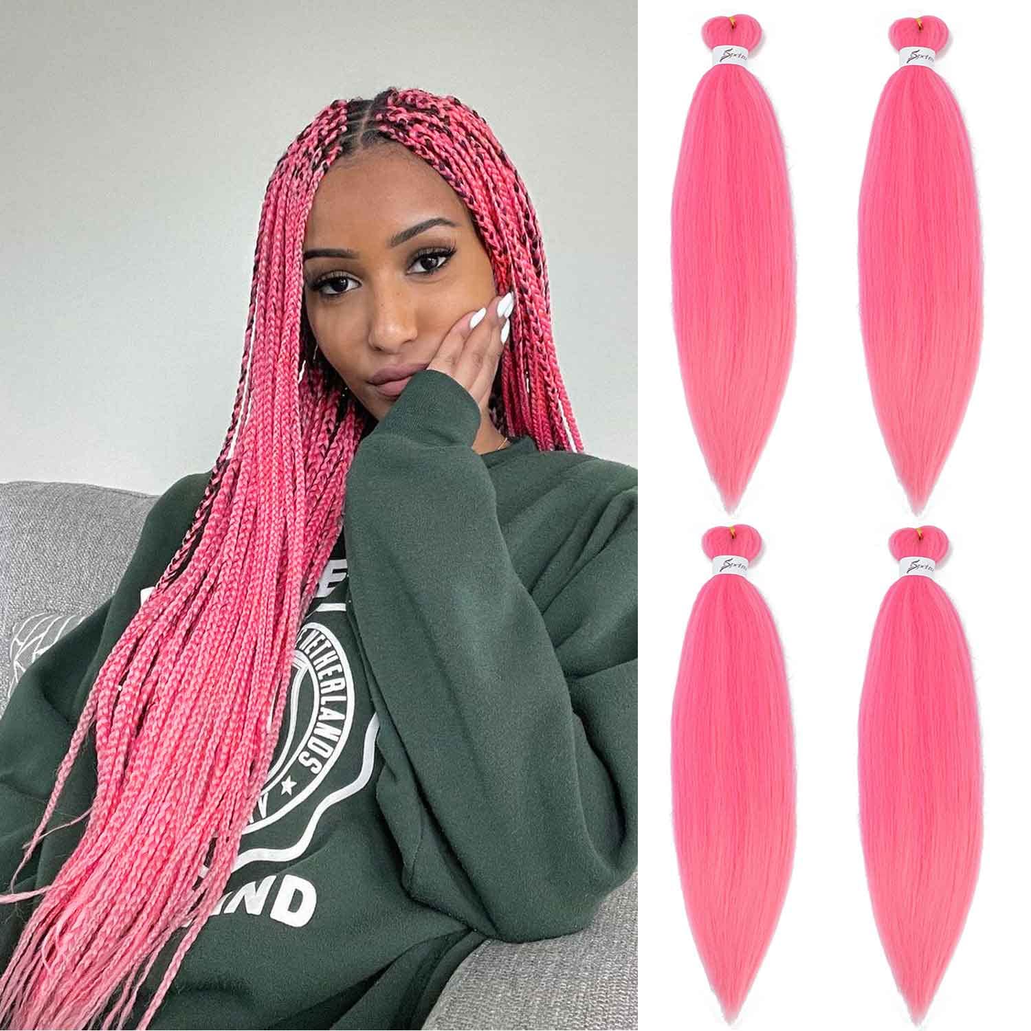 SOKU Braiding Hair Pre Stretched 24 Long Pink Braiding Hair 4 Packs  Synthetic Fiber Crochet Twist Braids Pink Hair Soft Yaki Straight Texture  #B 24 Inch (Pack of 4) Pink