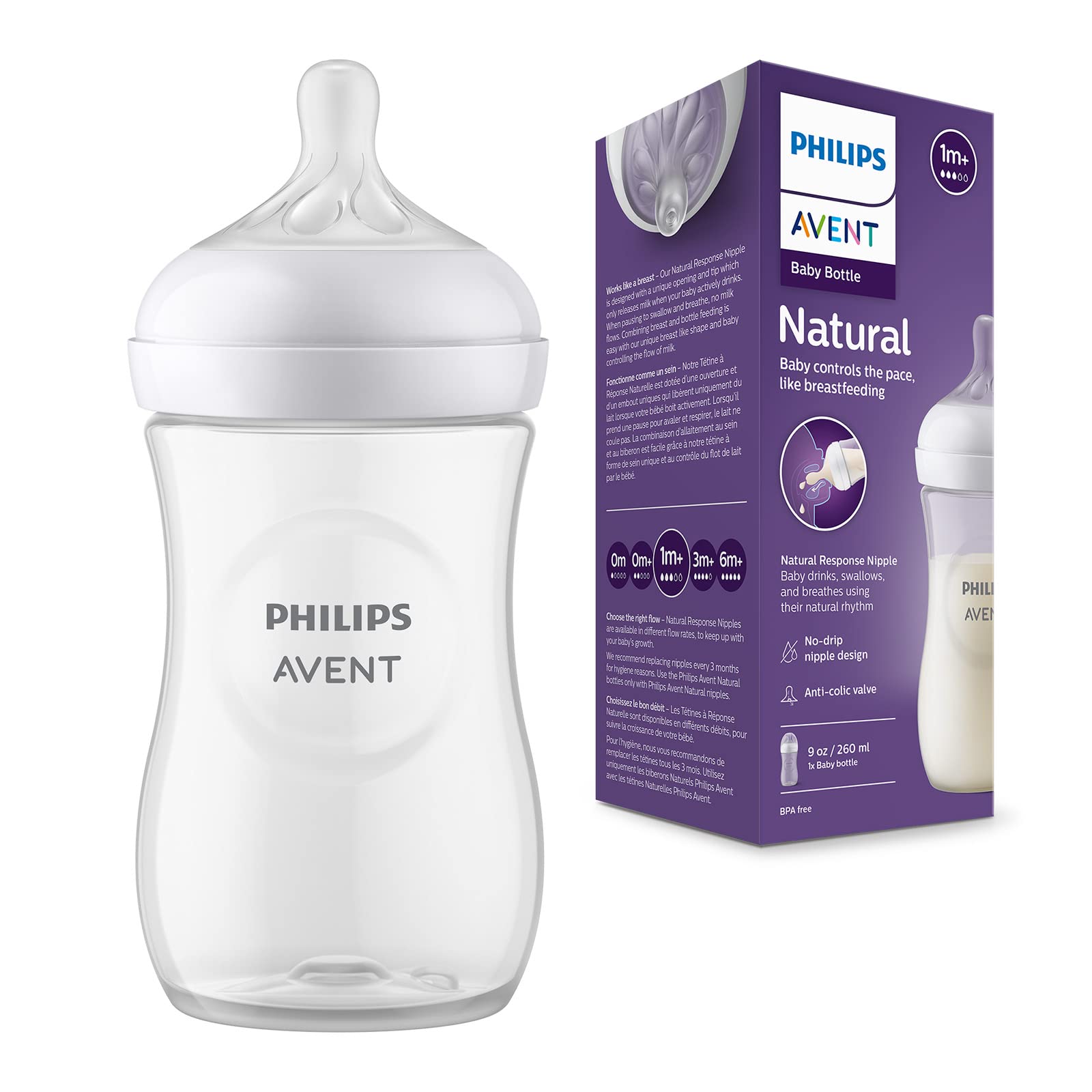 Philips Avent Natural Response Baby Bottle - 260ml Baby Milk Bottle for  Newborns and Up BPA Free 1+ Months (Model SCY903/01) 260ml x1