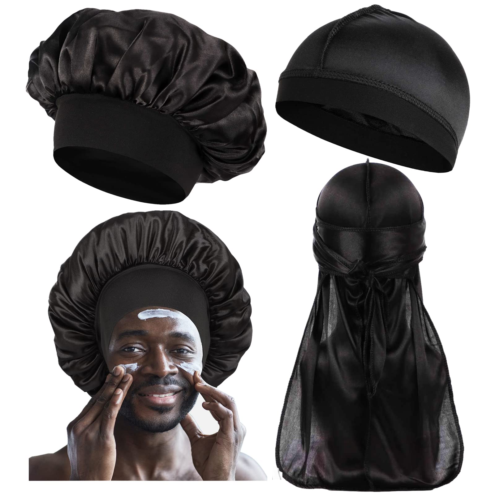  4 PCS Silk Bonnet for Men Curly Hair,Mens Bonnet for  Sleeping,Bonette for Men Silk,Bonnet and Durag Set D-Black, Wine Red :  Beauty & Personal Care